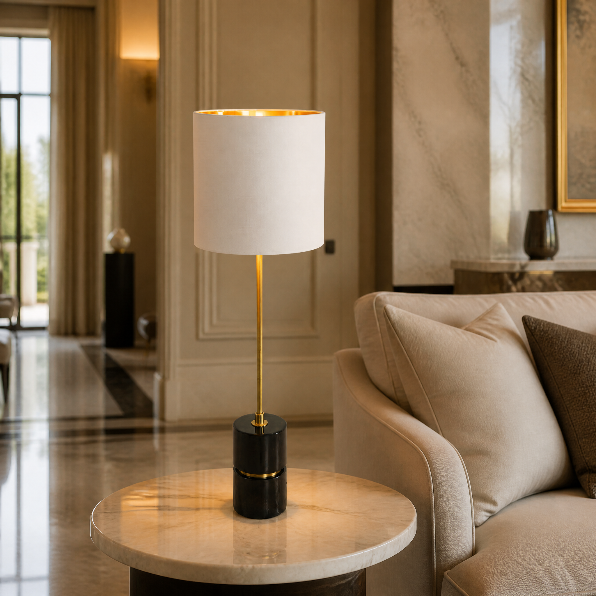 The Aurevia tall table lamp by Vorelli styled in a luxury residential living room, showcasing its black marble base and warm ambient glow.