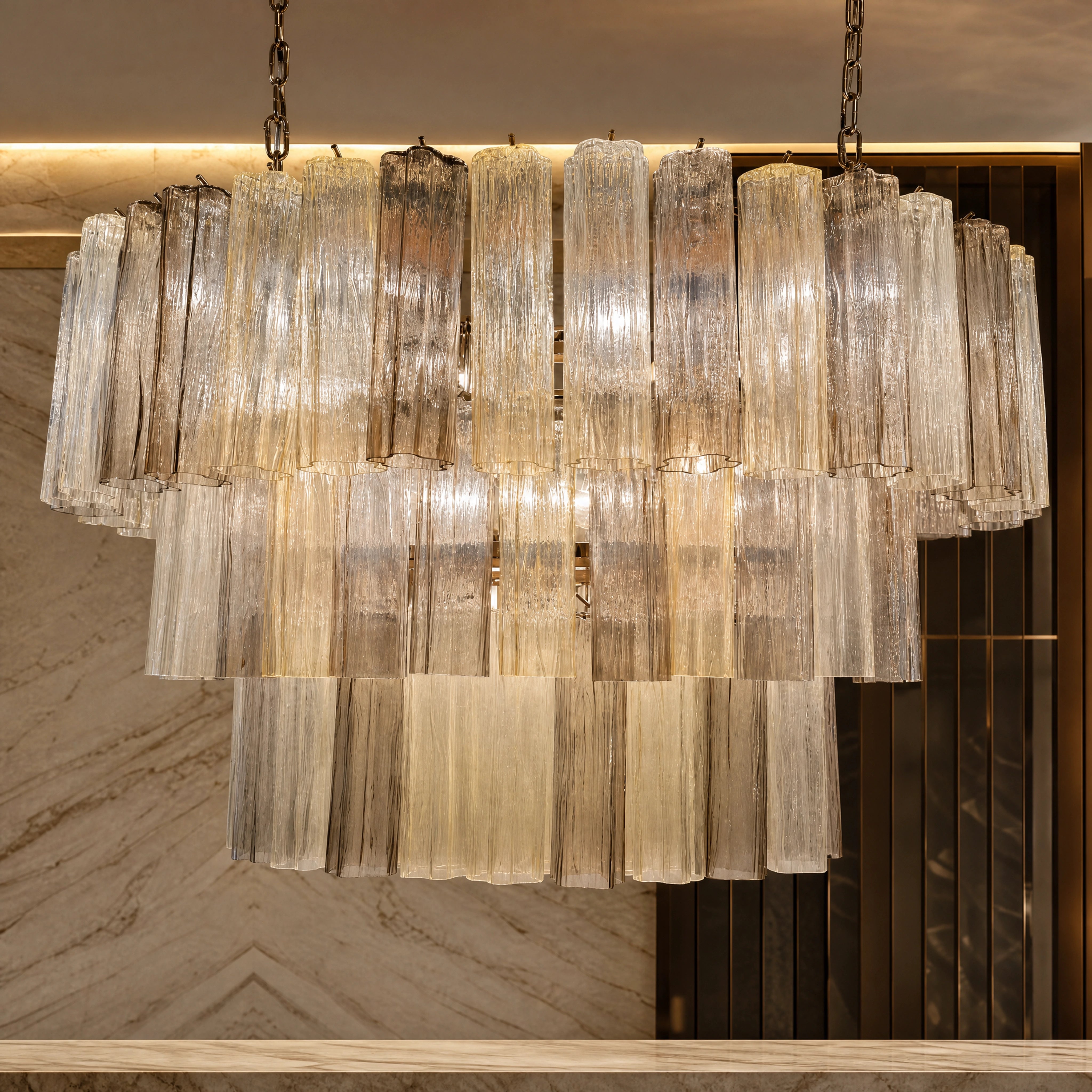 Aurora Tronchi Murano Glass Rectangular Chandelier close-up luxury lifestyle hero image by VORELLI