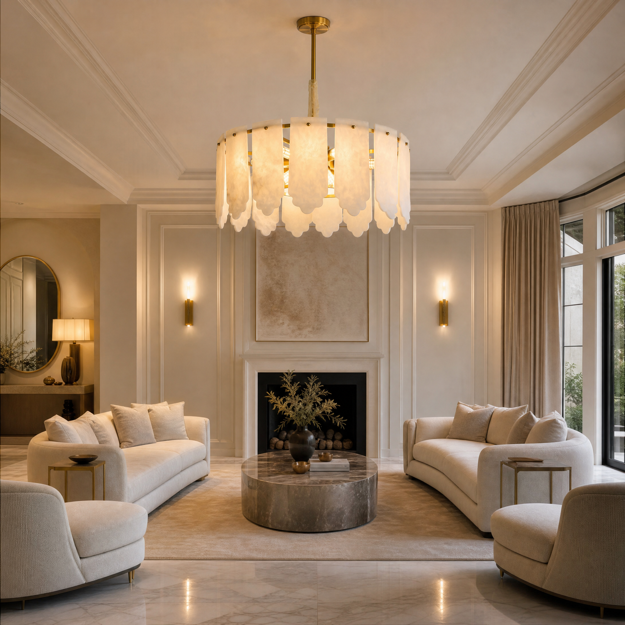 The VORELLI Avelina marble circular chandelier illuminates a sophisticated, opulent residential living room, showcasing its layered marble panels and elegant structure.
