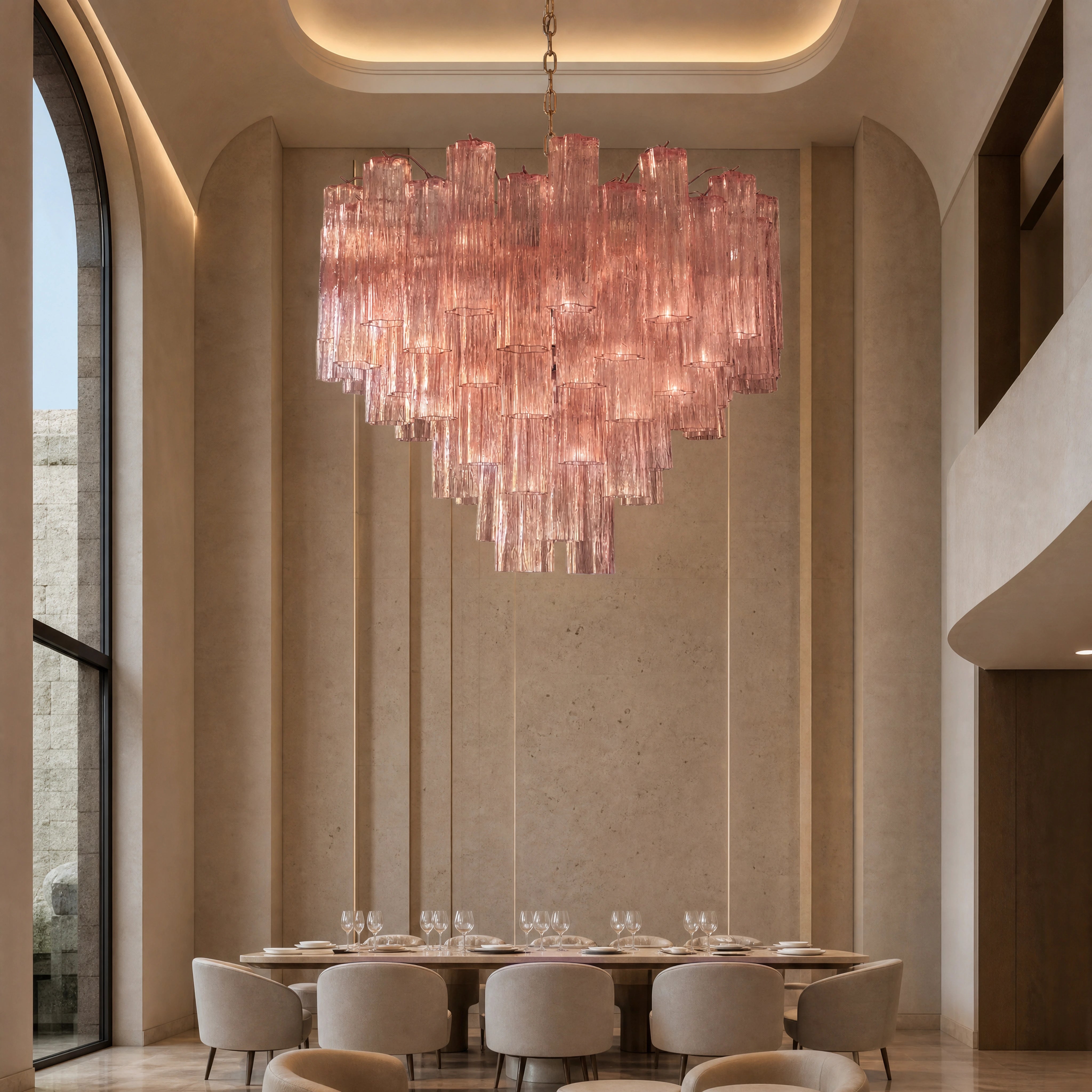 Aquileia Tronchi Murano Glass Staircase Chandelier luxury hospitality private dining lifestyle image by VORELLI