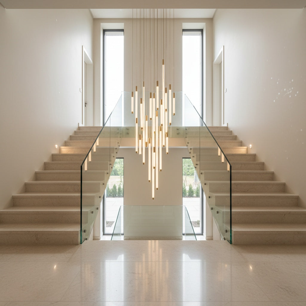 VORELLI® Avezzano pendant staircase chandelier in luxury UK cream interior with vertical pendant cluster and warm ambient lighting