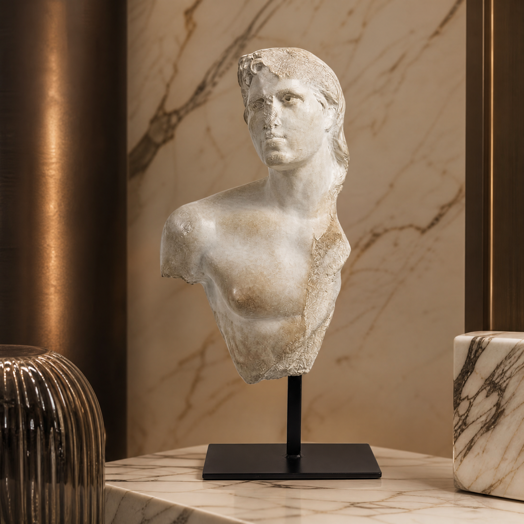 A close-up shot highlighting the textured aged plaster finish of the VORELLI Bartolo polyresin male bust.