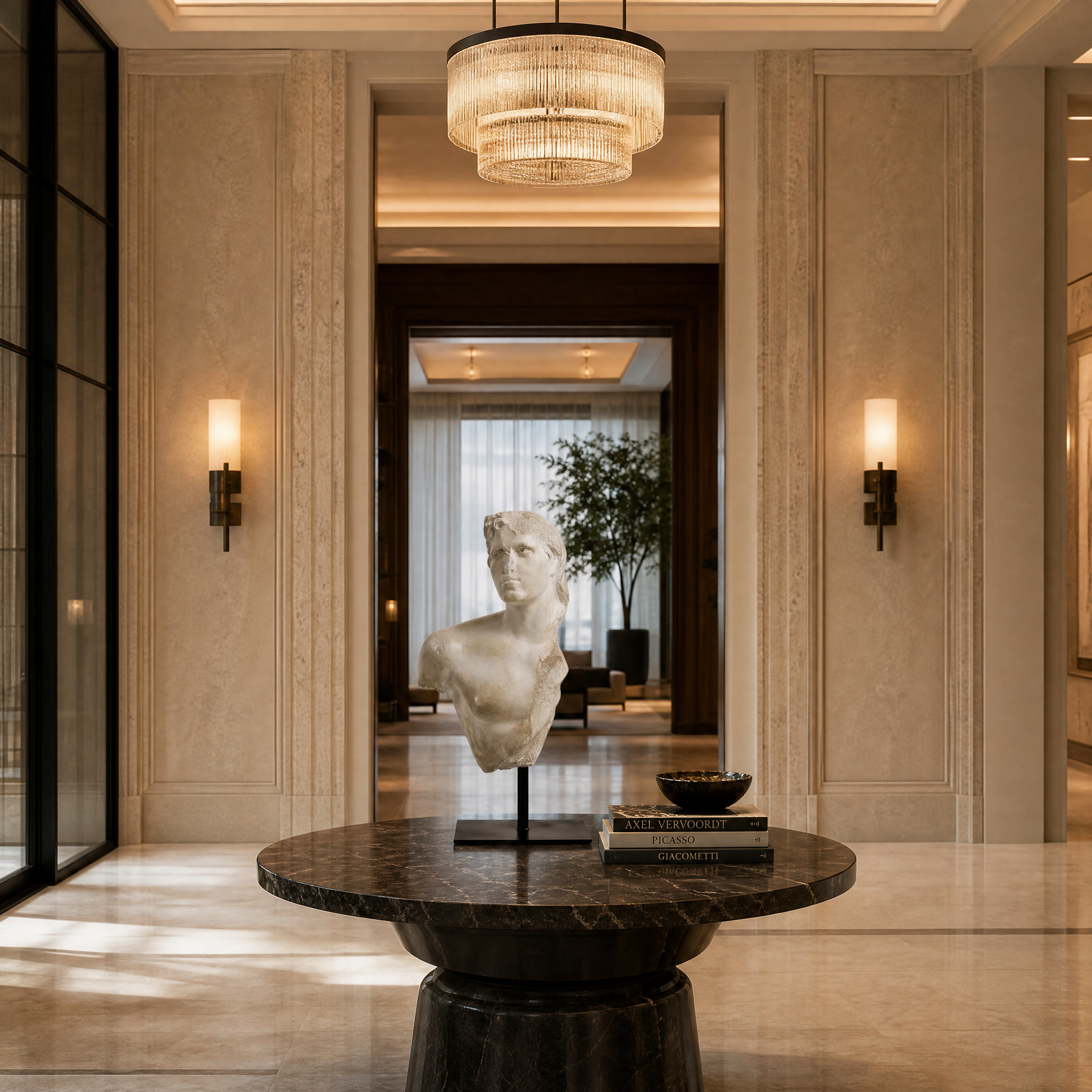 VORELLI Bartolo decorative male bust with aged plaster finish displayed in a luxury hospitality hotel lounge setting.