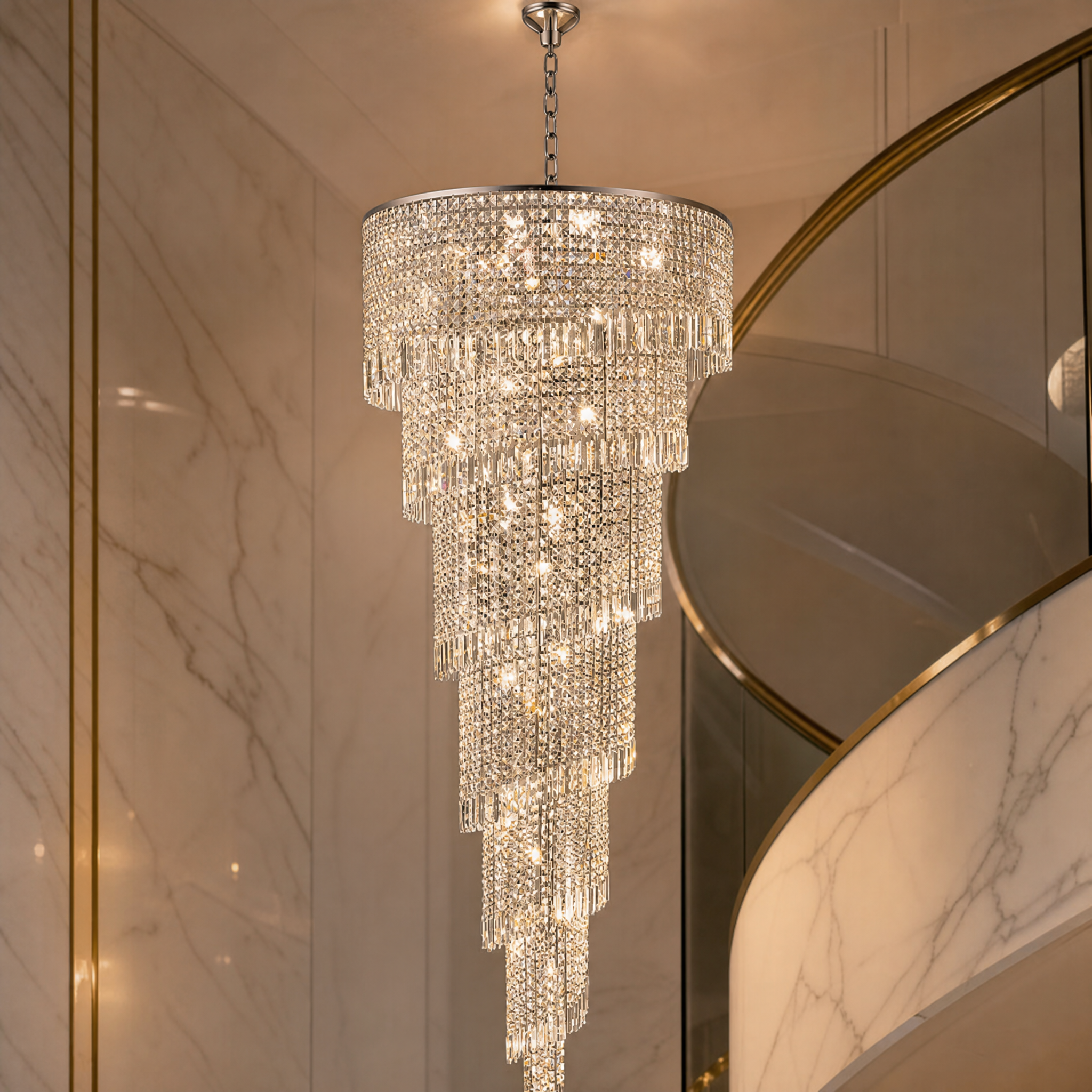 Macro close-up shot of the premium cascading crystal accents and refined metallic finish of the Vorelli Basiglio chandelier.