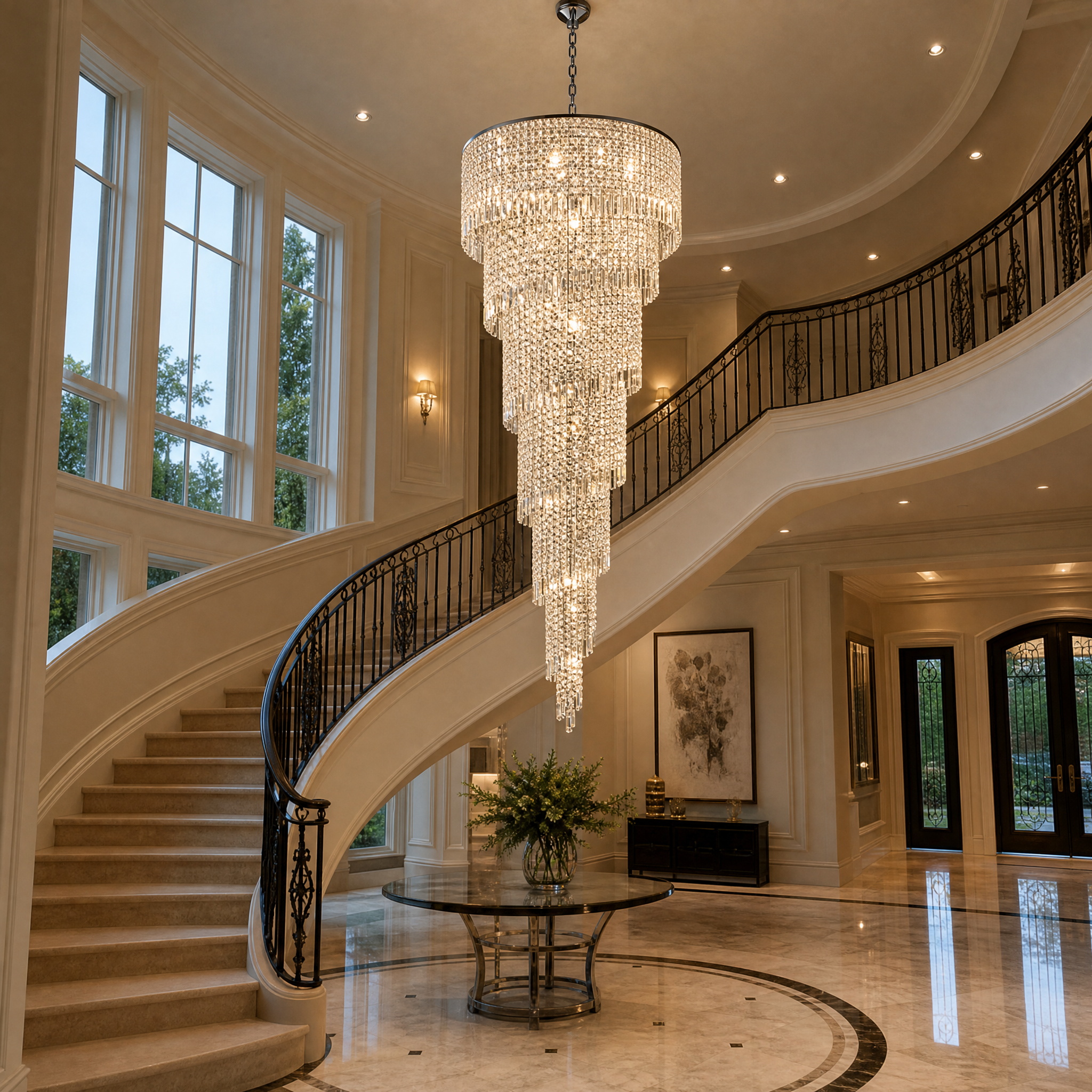 The Vorelli Basiglio Spiral Staircase Chandelier installed in a luxury residential home, creating a dazzling focal point over a grand spiral stairwell.