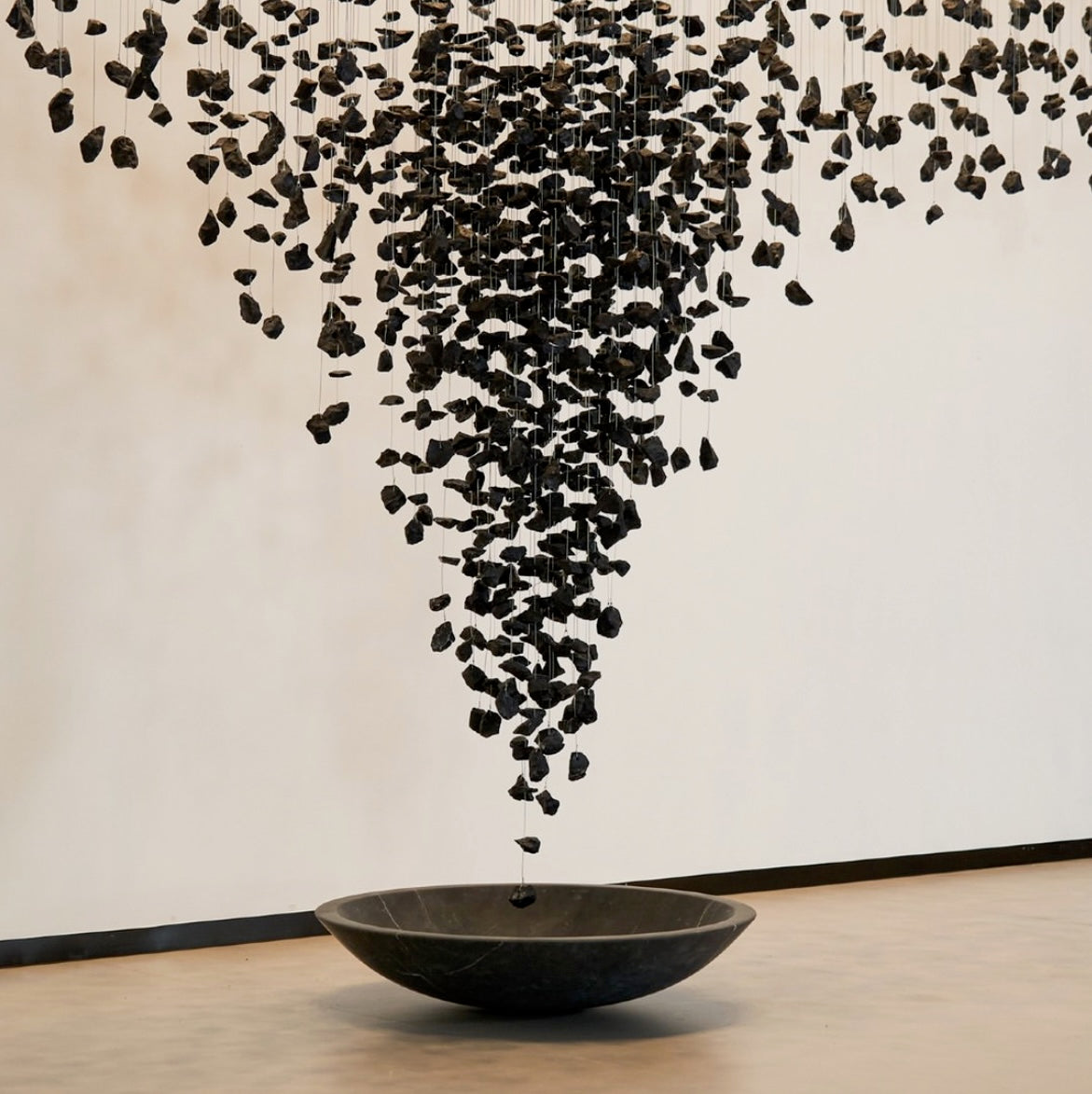 VORELLI Basilica pendant staircase chandelier with black stone suspended sculptural centrepiece