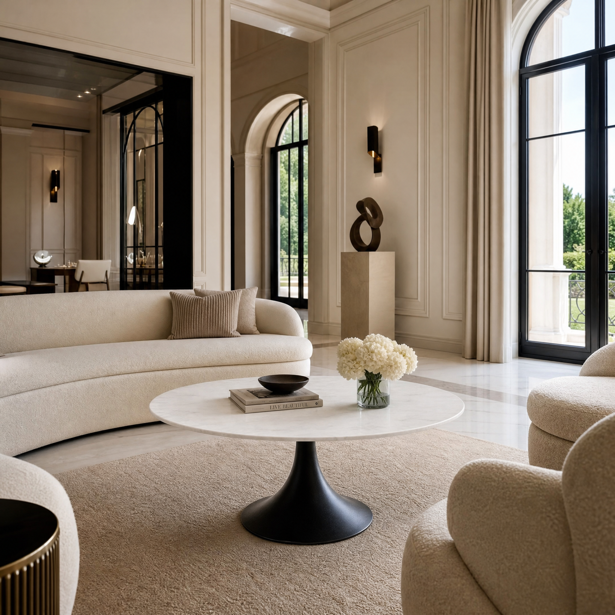 VORELLI Bearo modern coffee table featuring a white marble top and bold black base in a luxury residential living room setting.
