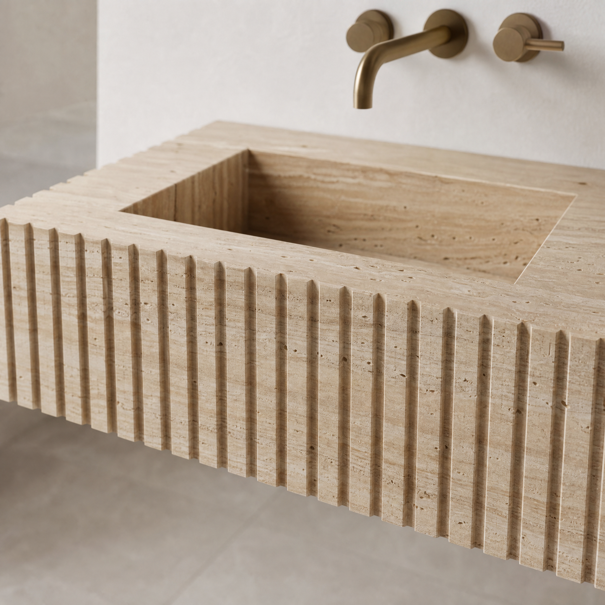 Beige Travertine Double Sink - Fluted stone craftsmanship detail image by VORELLI