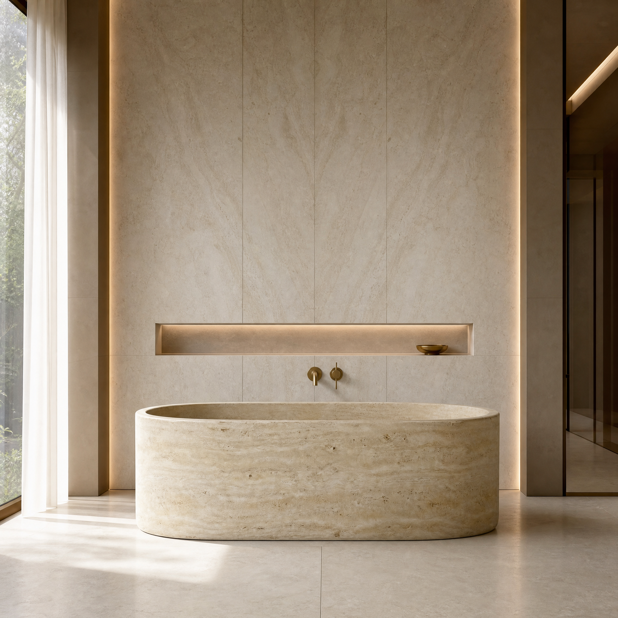 Beige Travertine Freestanding Bathtub - Elliptical private residence lifestyle image by VORELLI