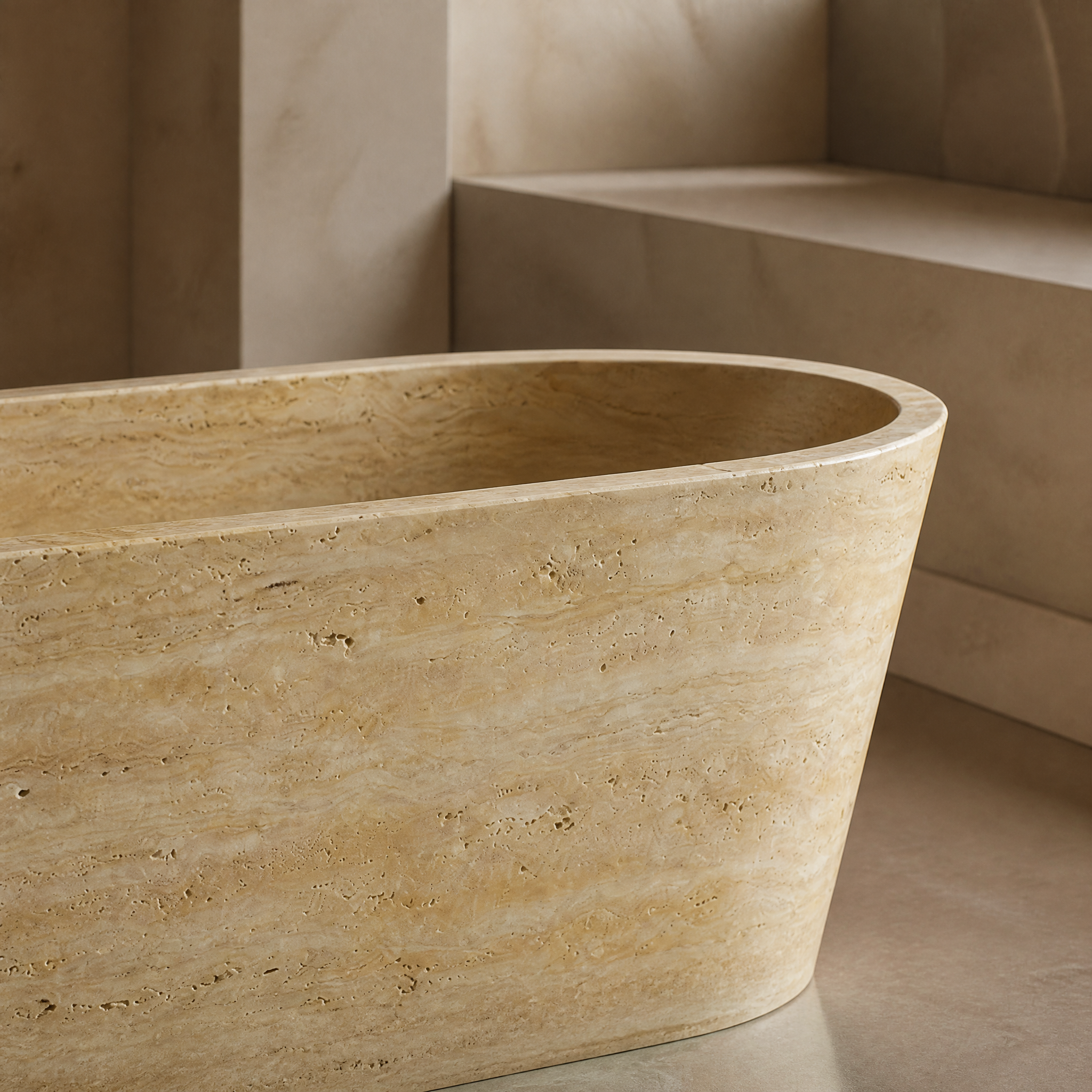 Beige Travertine Freestanding Bathtub - Tapered stone craftsmanship detail image by VORELLI