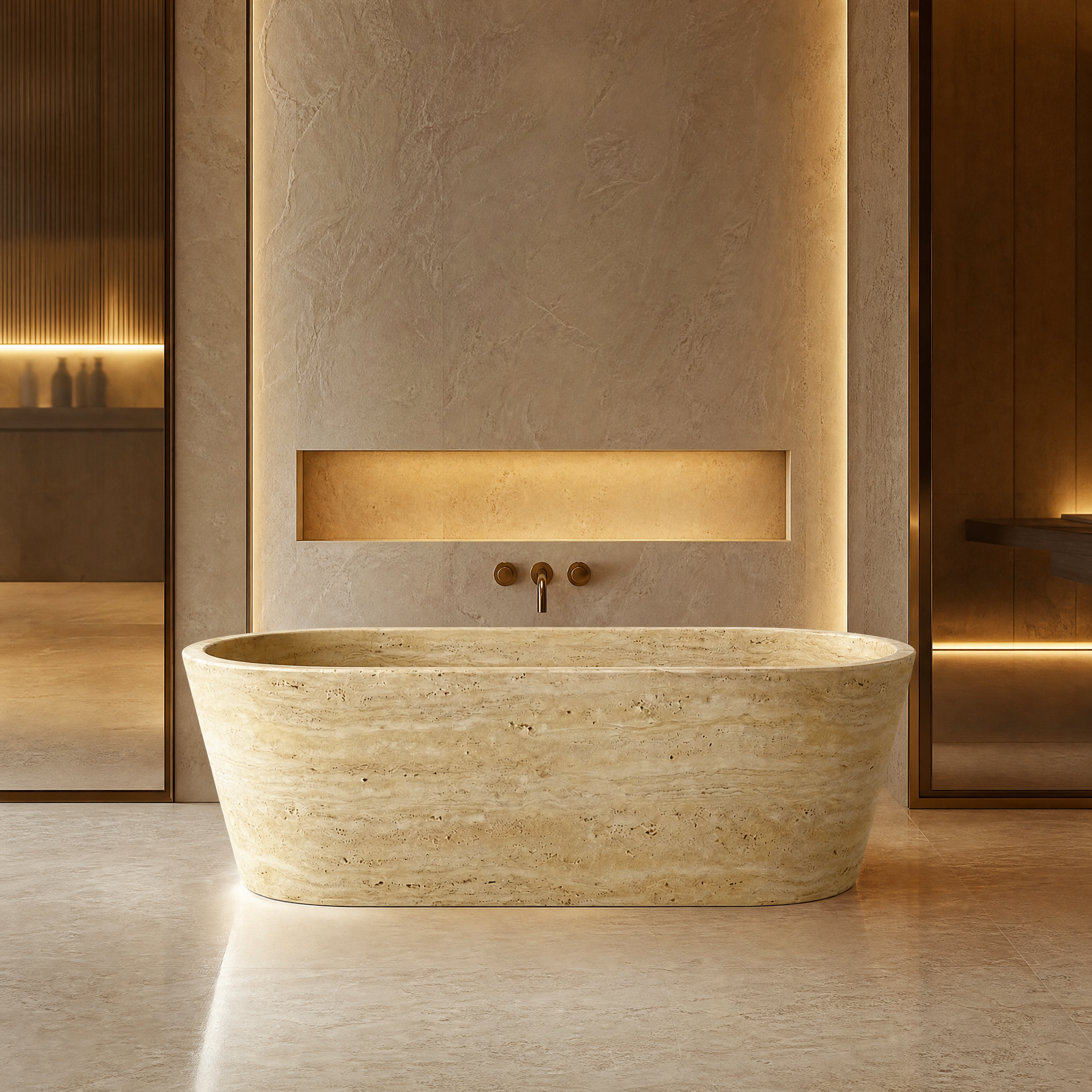 Beige Travertine Freestanding Bathtub - Tapered palace hotel spa lifestyle image by VORELLI