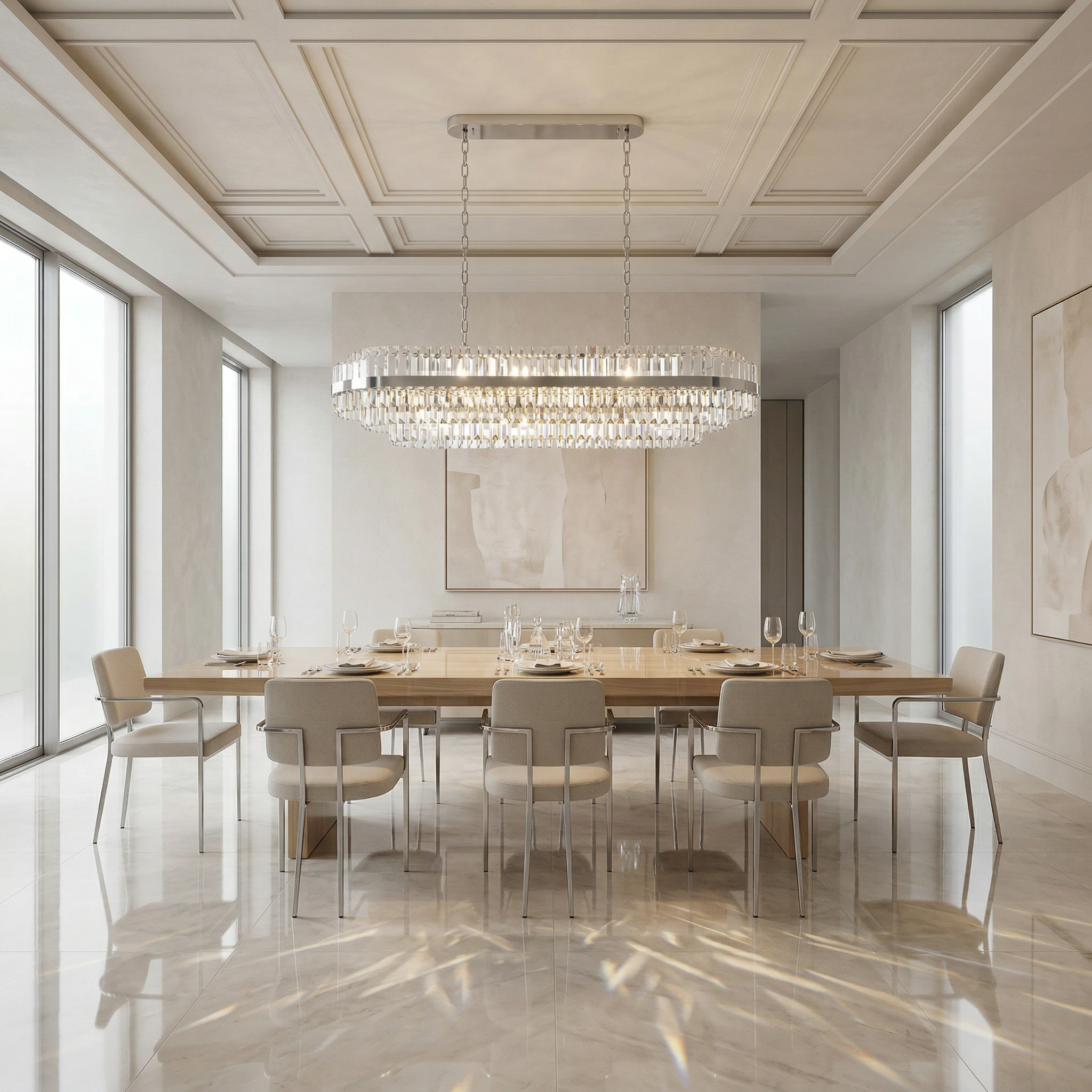 VORELLI® Belair chrome rectangular chandelier in luxury restaurant interior with crystal prisms and modern reflective finish
