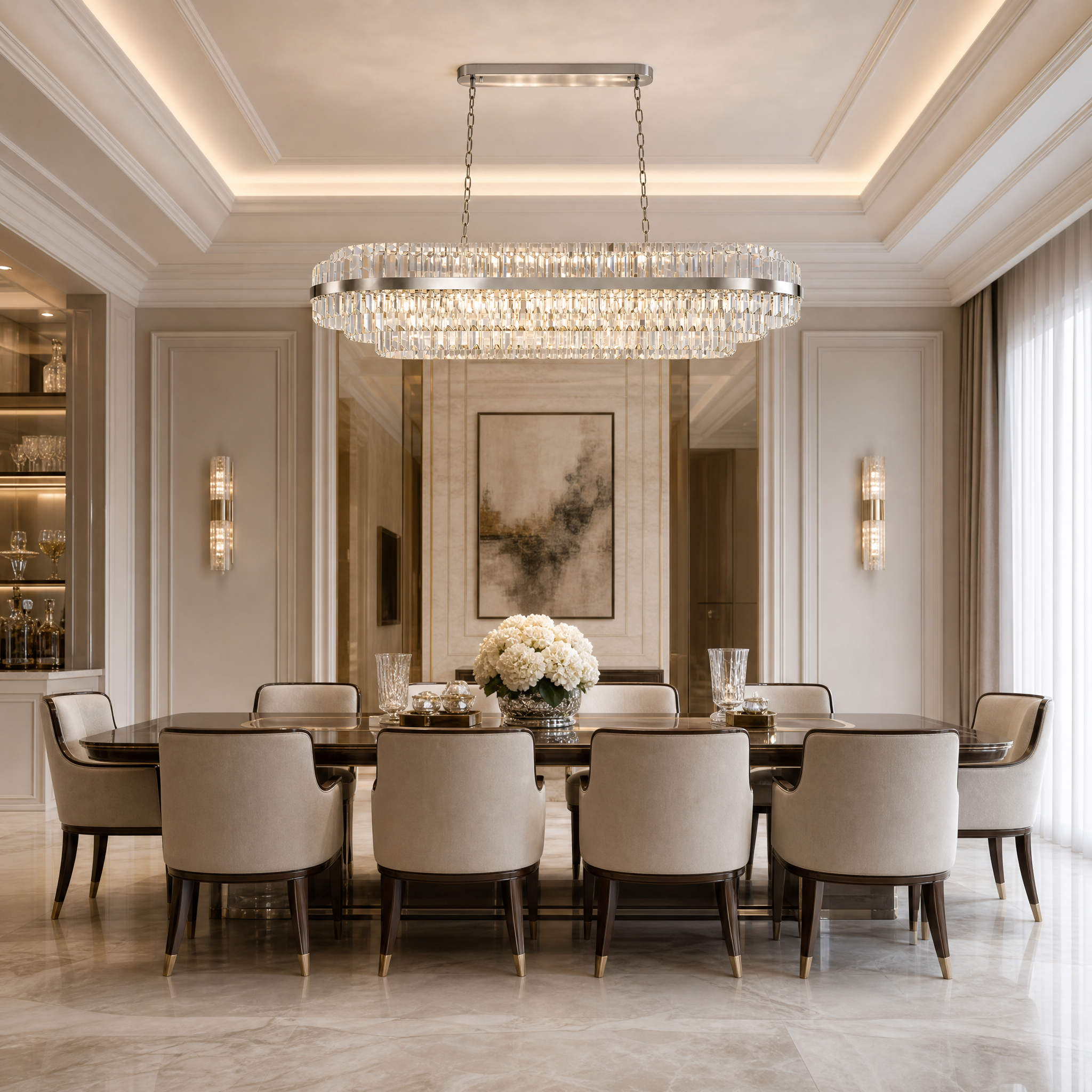 Luxury residential dining area featuring the VORELLI Belair Rectangular Chandelier hanging elegantly above a modern table.