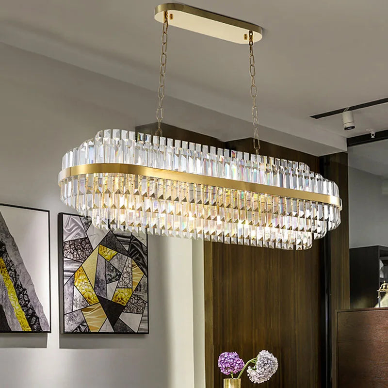 Luxury rectangular chandelier with layered crystal bars in a contemporary interior