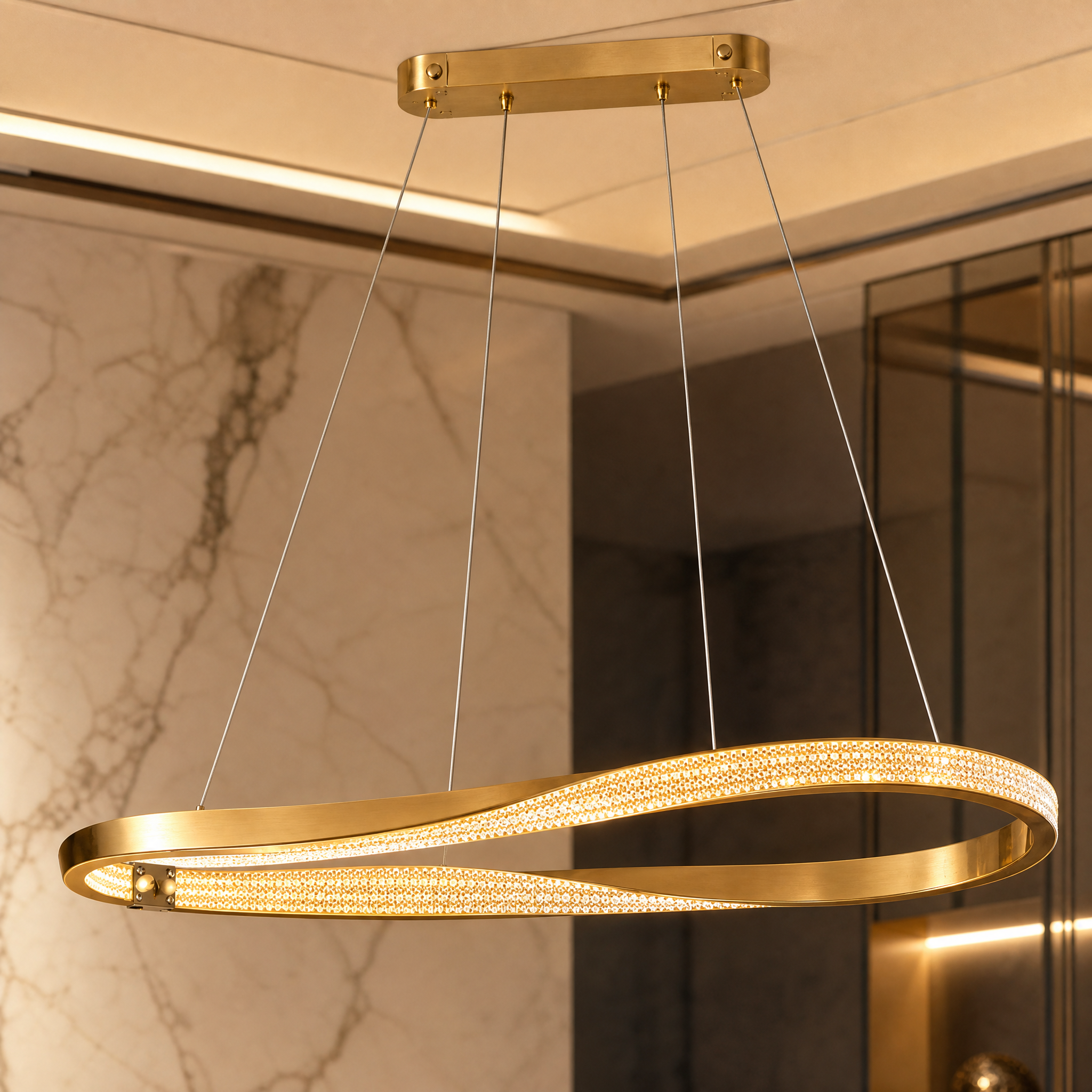 Detailed macro shot of the continuous golden ribbon form and intricate crystalline textures on the Vorelli Belgravia Chandelier.