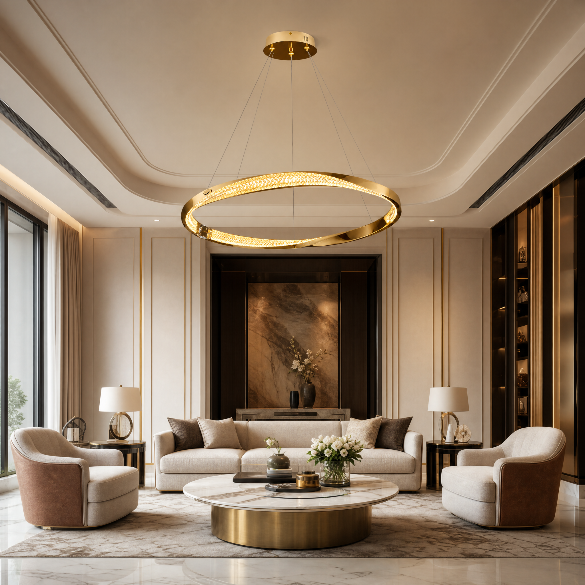 VORELLI Belgravia Circular Chandelier installed in a luxury residential living room setting.