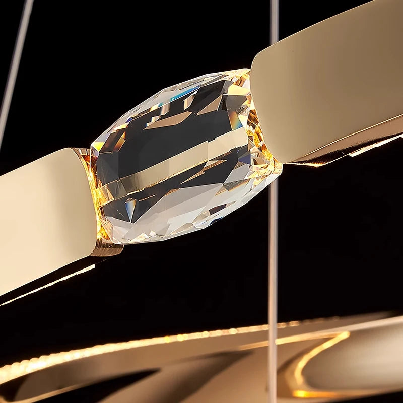 Close-up of crystal connector detailing on the Belgravia double-ring chandelier.