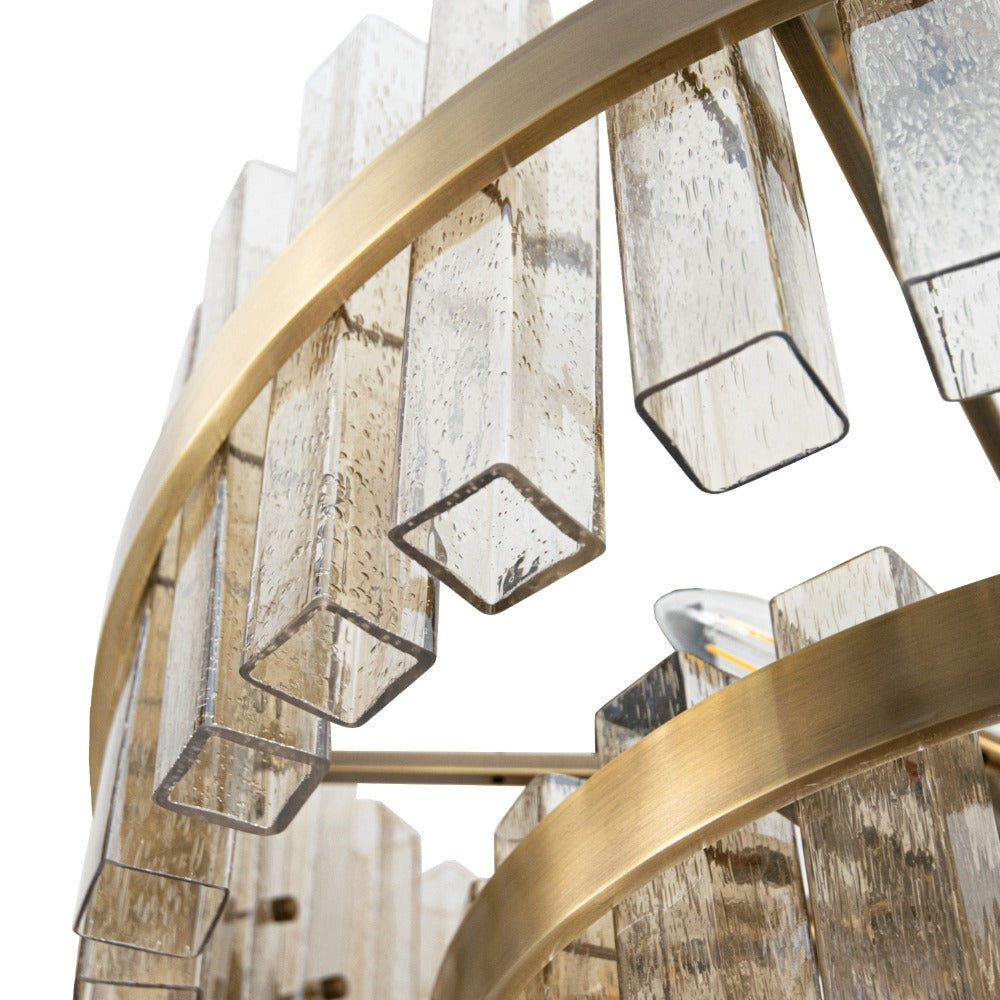 Close up detail of VORELLI Bellarno textured glass rod chandelier