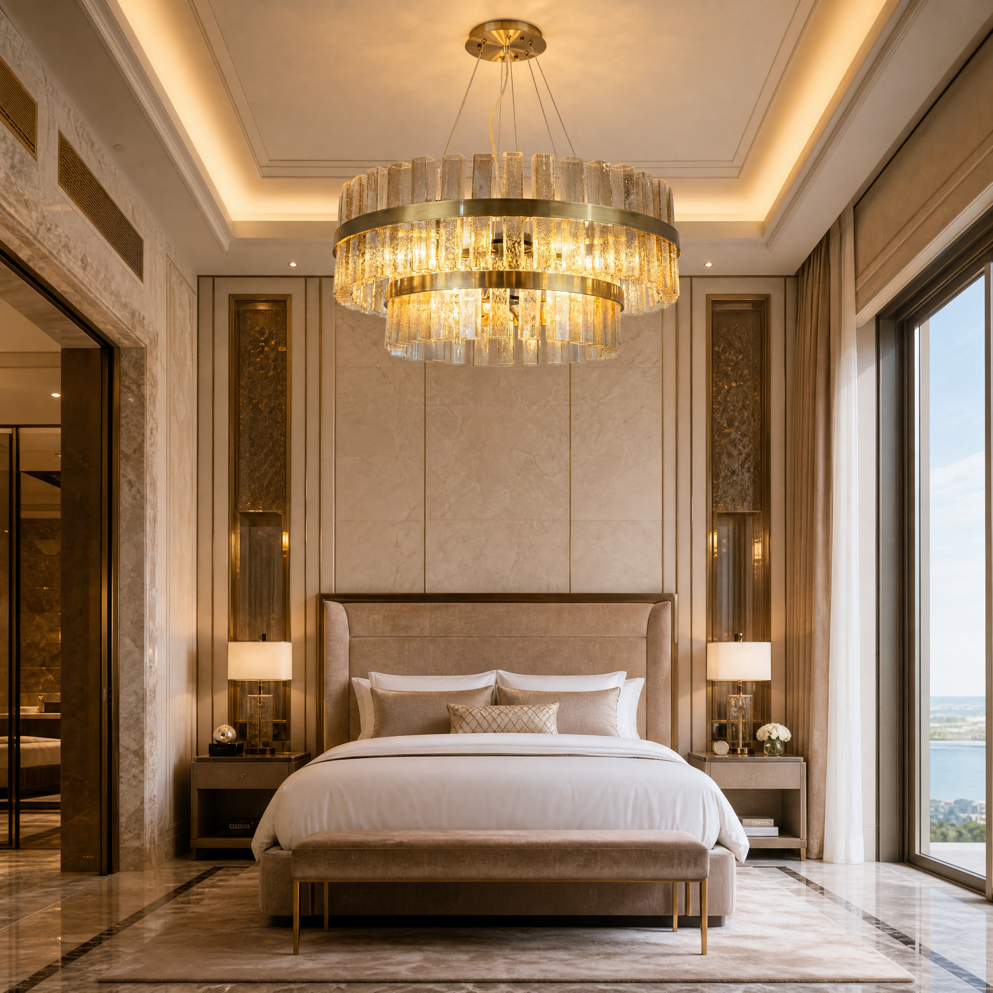 A commanding VORELLI Bellarno two-tier circular architectural chandelier hanging as a centerpiece in a grand hotel entrance hospitality lobby.
