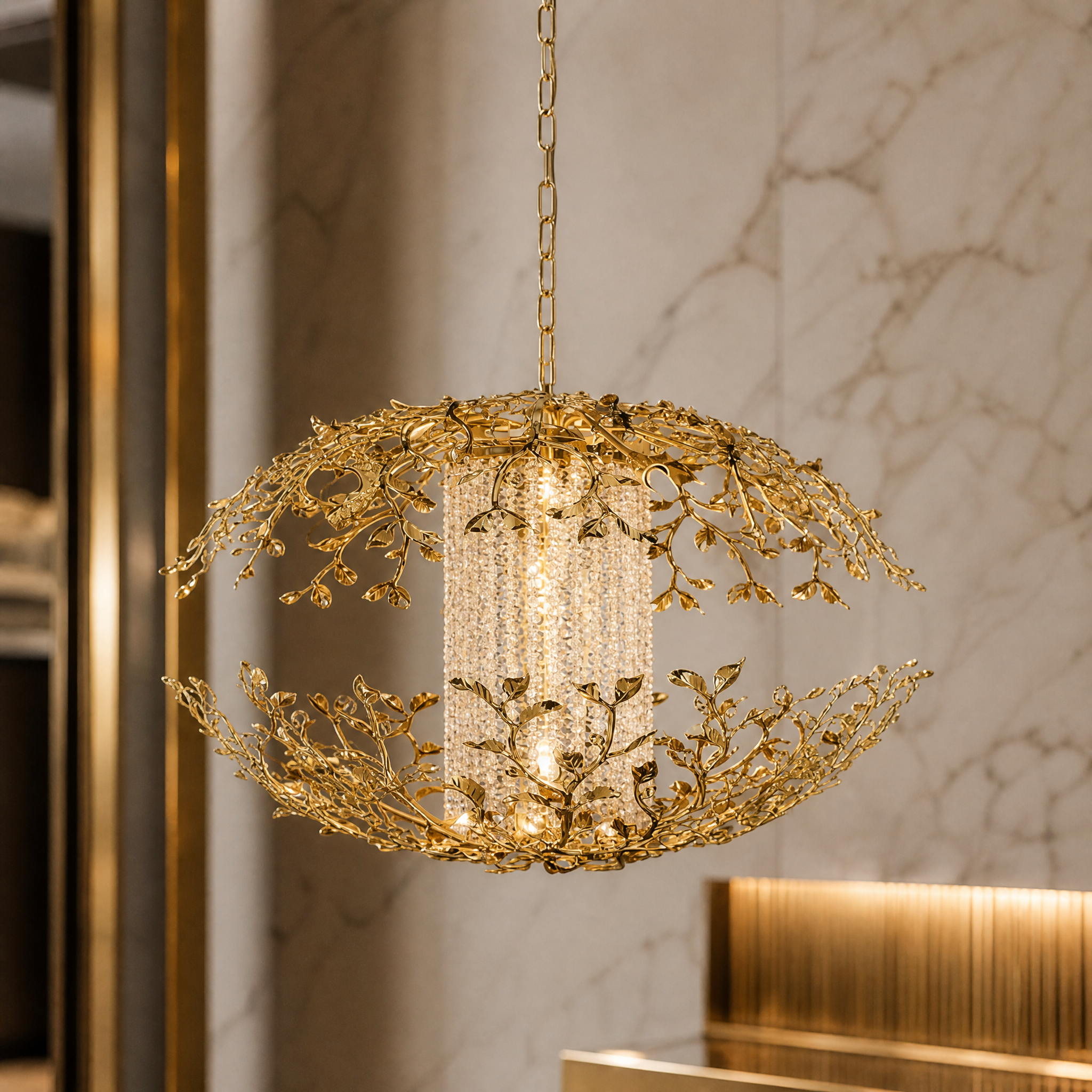A detailed closeup of the VORELLI Bellarosa pendant light, highlighting the intricate texture of the sculpted golden leaves and the clarity of the delicate crystal strands.
