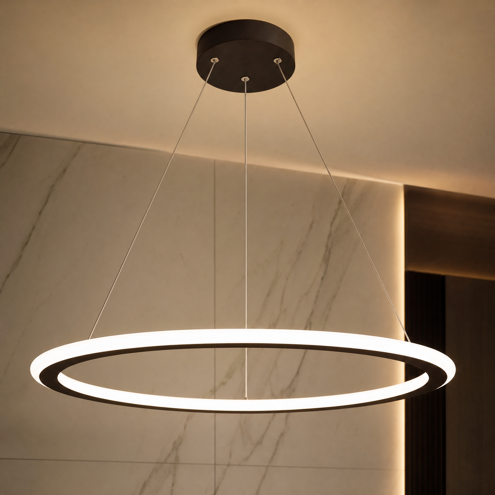 Macro closeup showcasing the understated precision and seamless profile of the VORELLI Bellezza circular chandelier's integrated light source.