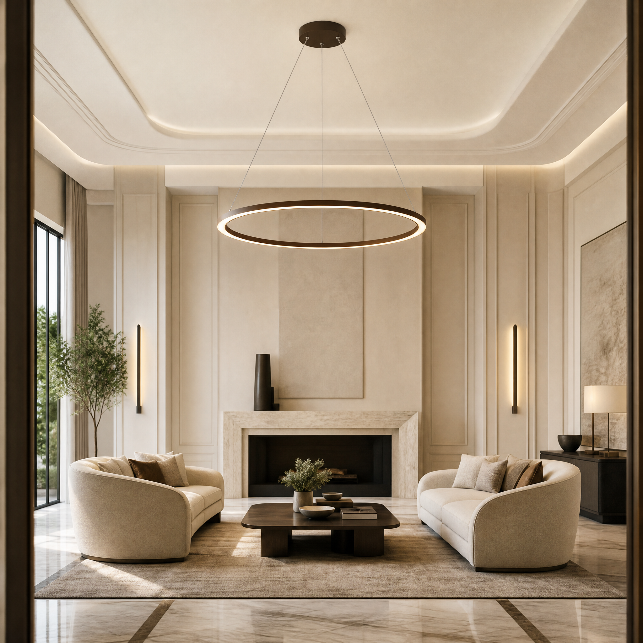 The VORELLI Bellezza circular chandelier illuminating a contemporary luxury living room with soft, balanced ambient light.