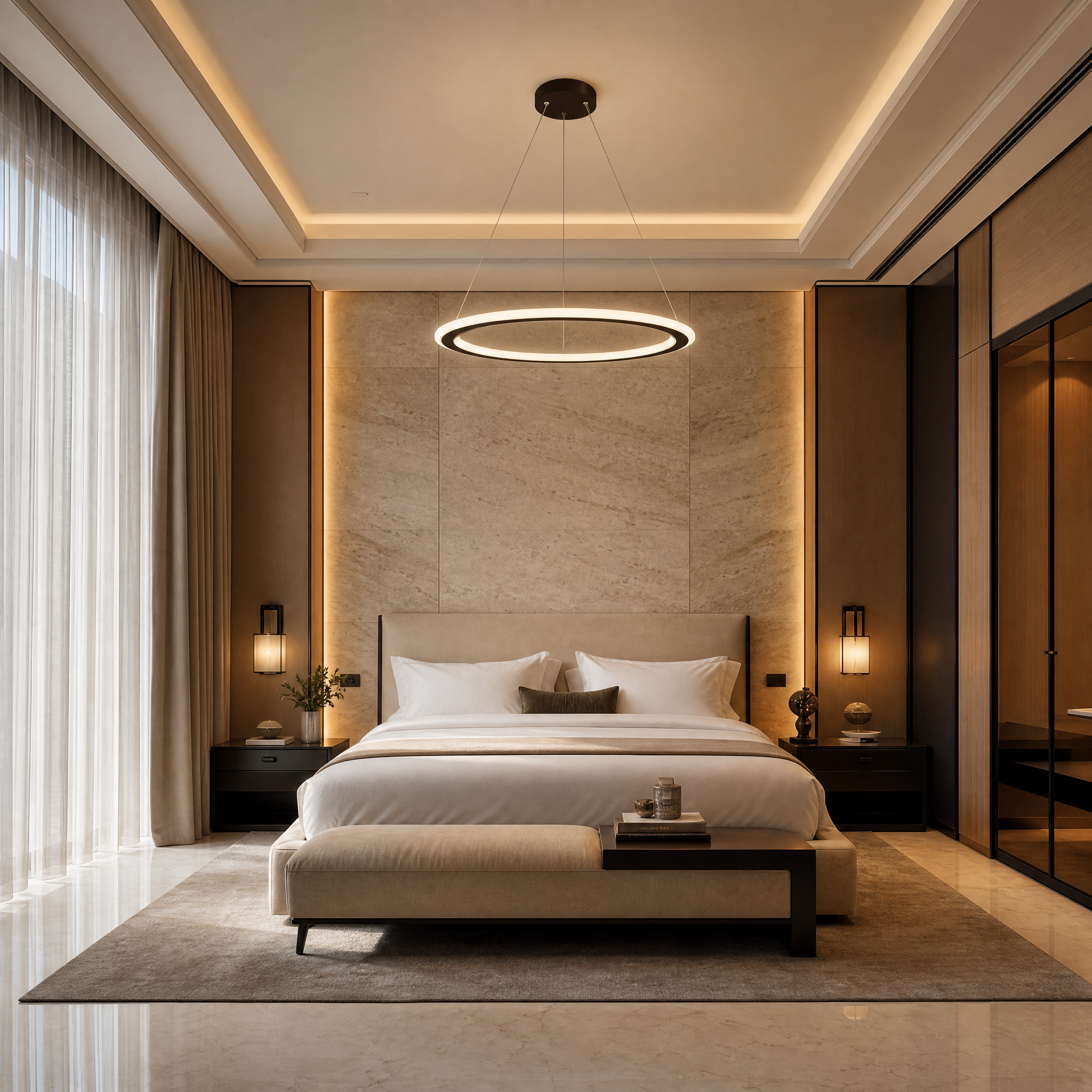 The sleek silhouette of the VORELLI Bellezza circular chandelier creating a calming ambiance in a contemporary hospitality lounge setting.