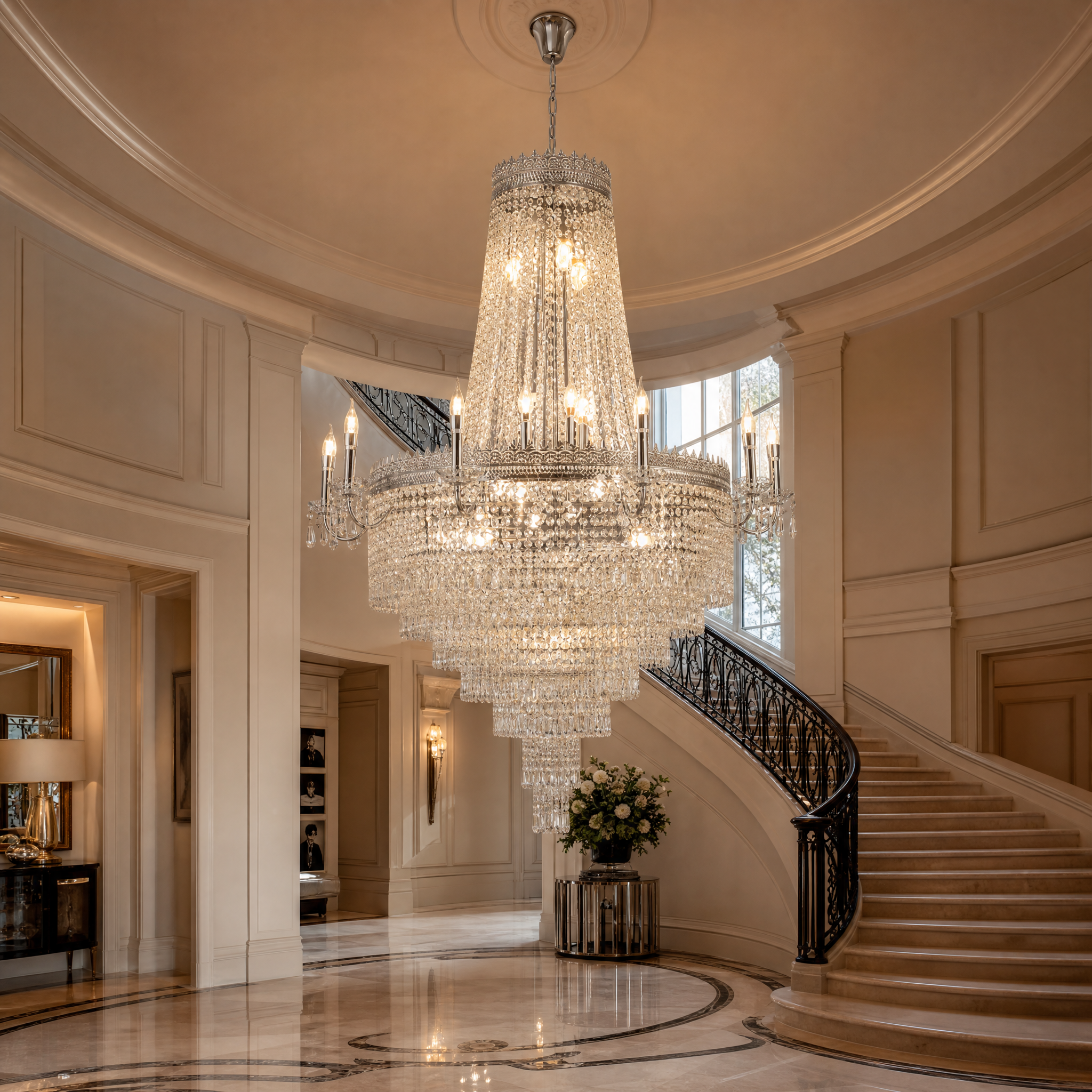 VORELLI Belmond Grandeur staircase chandelier illuminating a luxury residential foyer with opulent, cascading crystal light.
