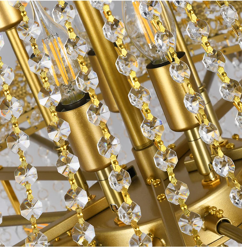 Close-up of gold crystal rods showcasing the Belmond chandelier’s intricate detailing.