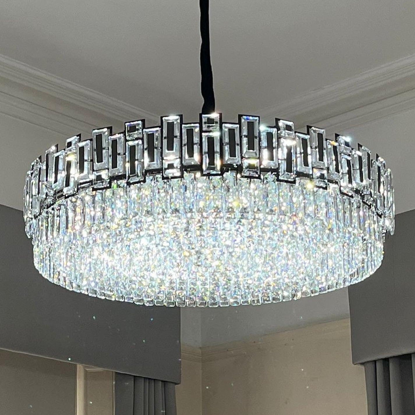 Side view of the Belvedere chandelier showcasing its crystal pattern and refined frame.