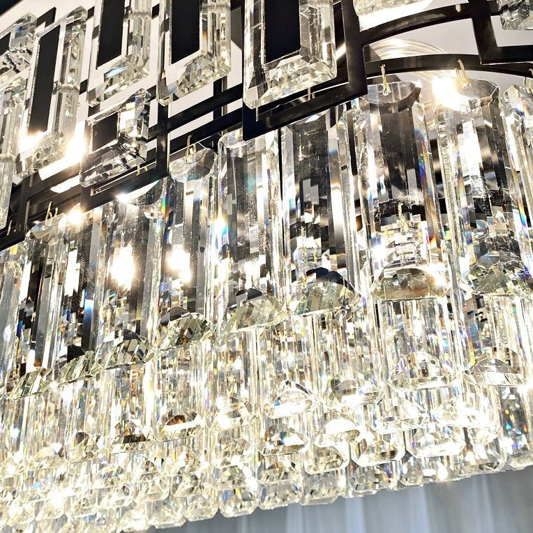 Angled close-up highlighting the Belvedere chandelier’s layered crystal craftsmanship.