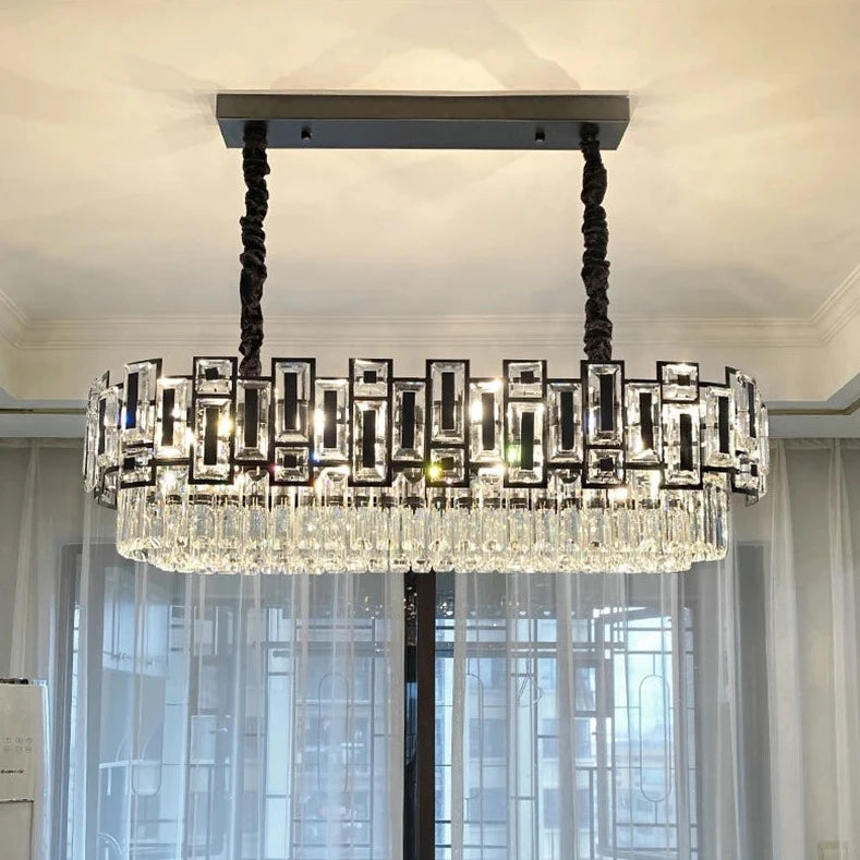 Belvedere rectangular chandelier showcasing its layered crystals from a front-facing view.