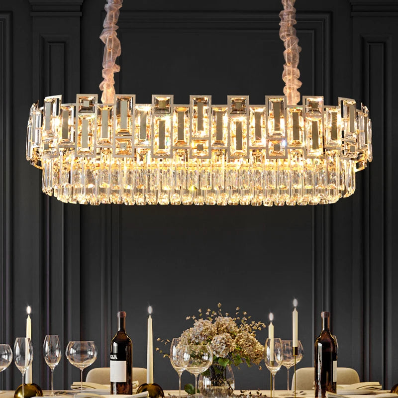 Luxury rectangular chandelier with mixed crystal bars illuminating an elegant dining room.