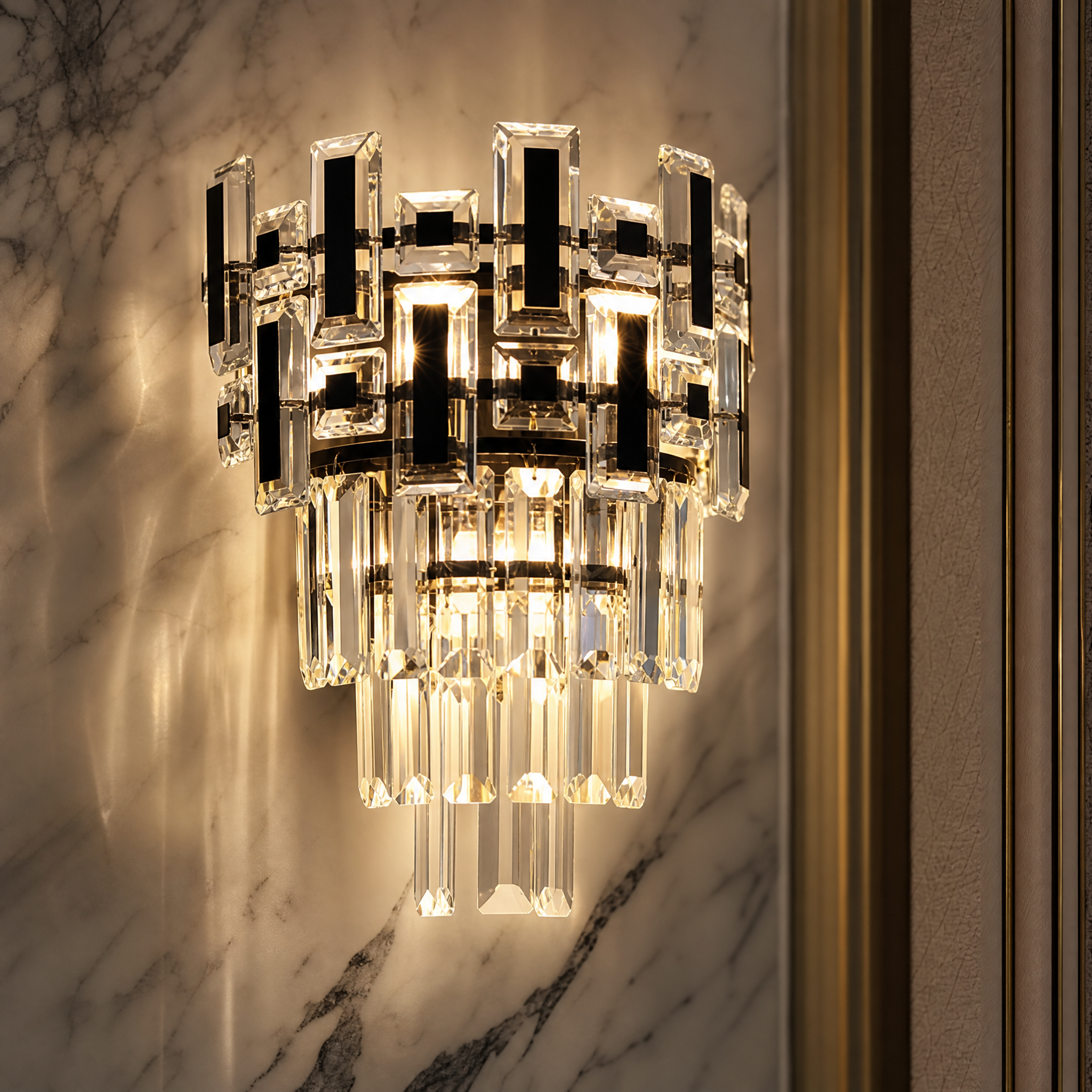A macro detail shot of the unique rectangle, square, and rounded rectangle crystal arrangement on the VORELLI Belvedere Wall Light.