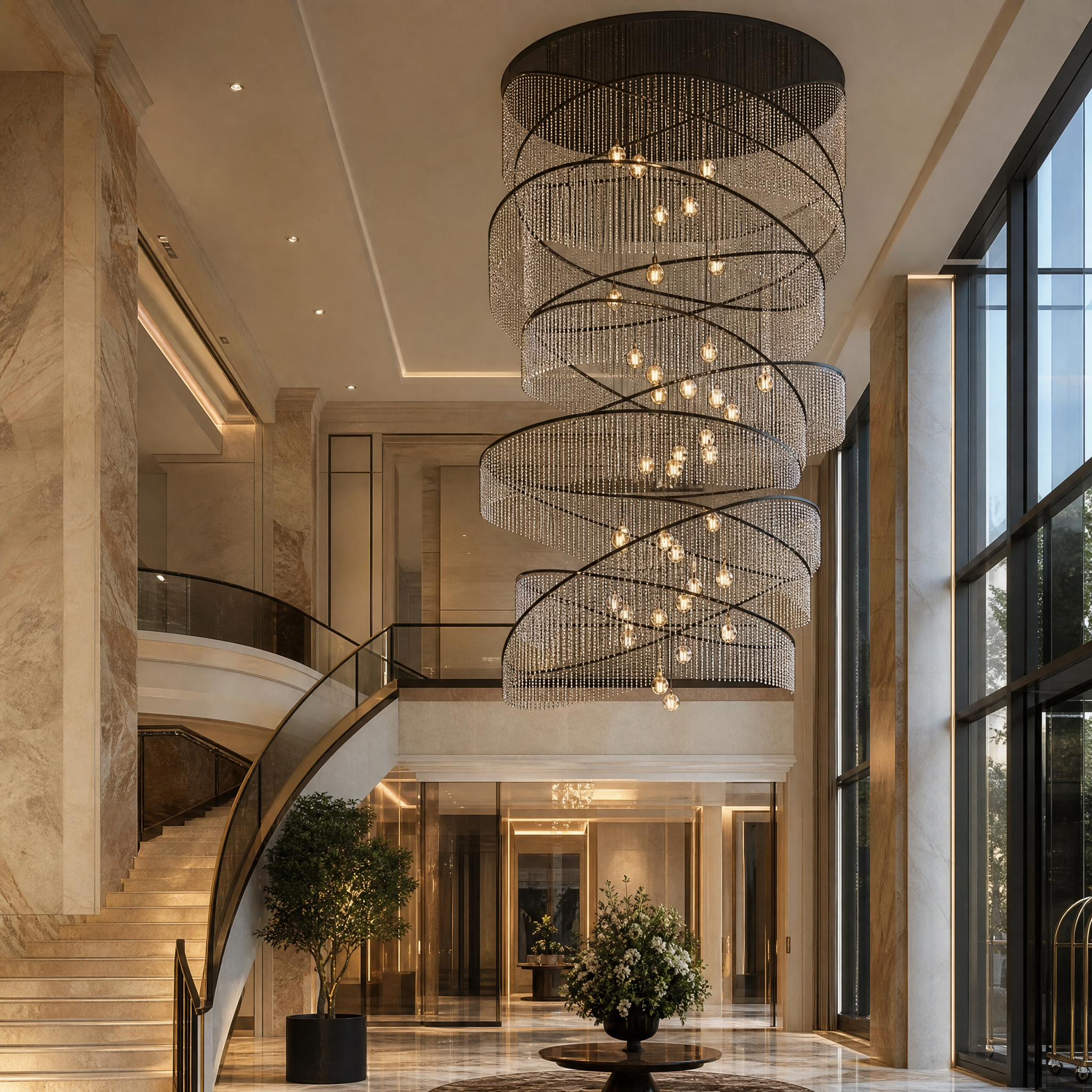 Bespoke layered crystal rings and glass bubble spheres illuminating an elegant hotel lobby entrance.