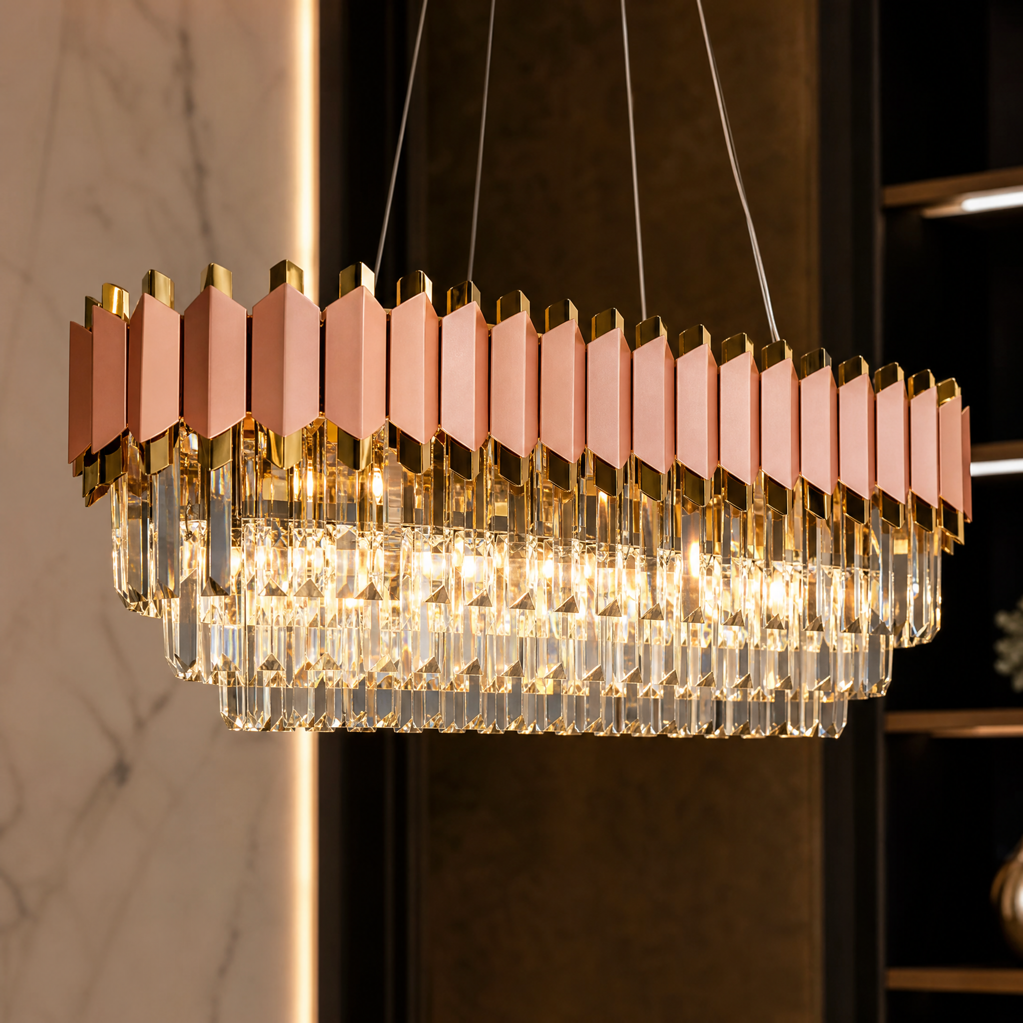 Macro close-up shot showcasing the premium quality diamond-cut faceted crystals of the VORELLI Bianca chandelier.