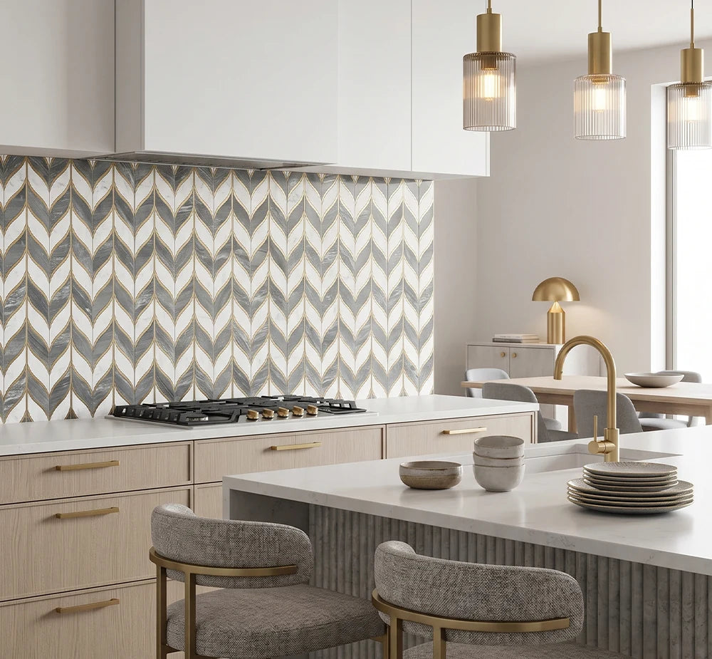 Bianco Carrara Bow Feathers Design Waterjet Marble Mosaic luxury white waterjet marble mosaic for premium UK interiors