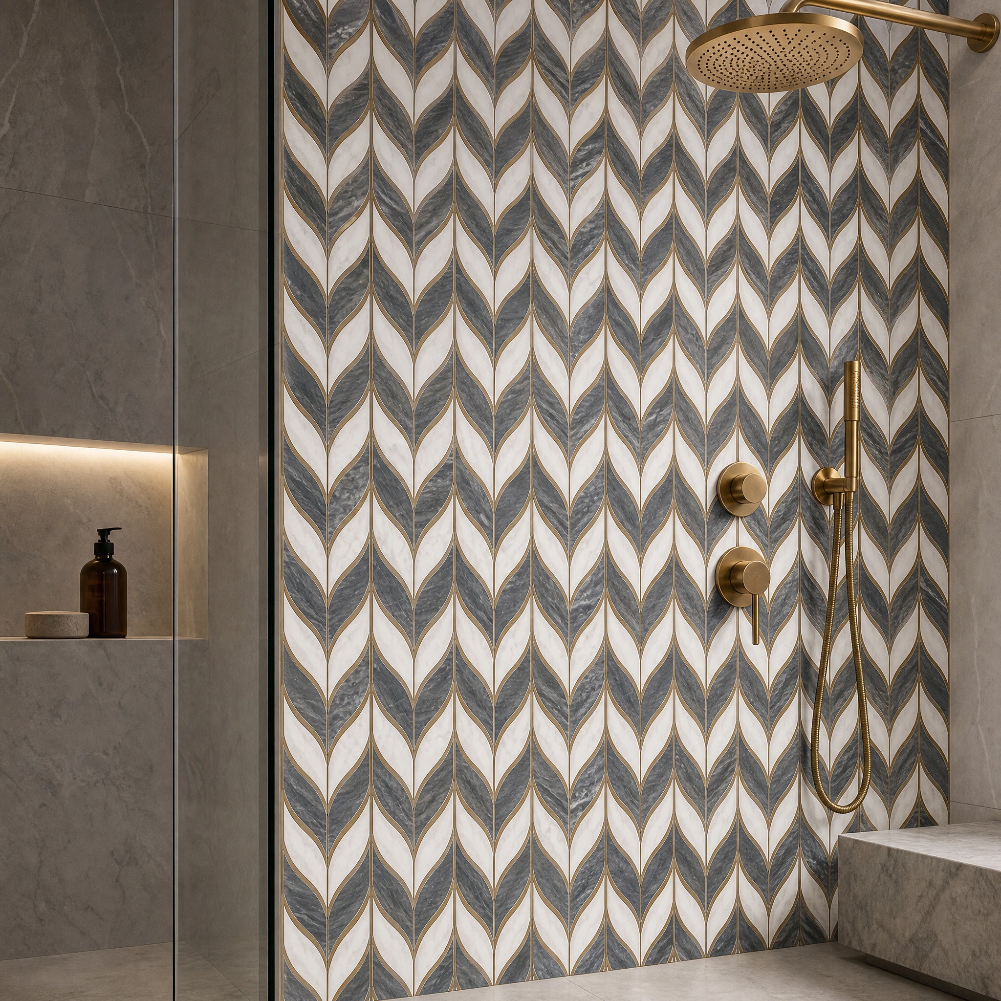Bianco Carrara Bow Feathers Design Waterjet Marble Mosaic decorative mosaic wall in a luxury bathroom