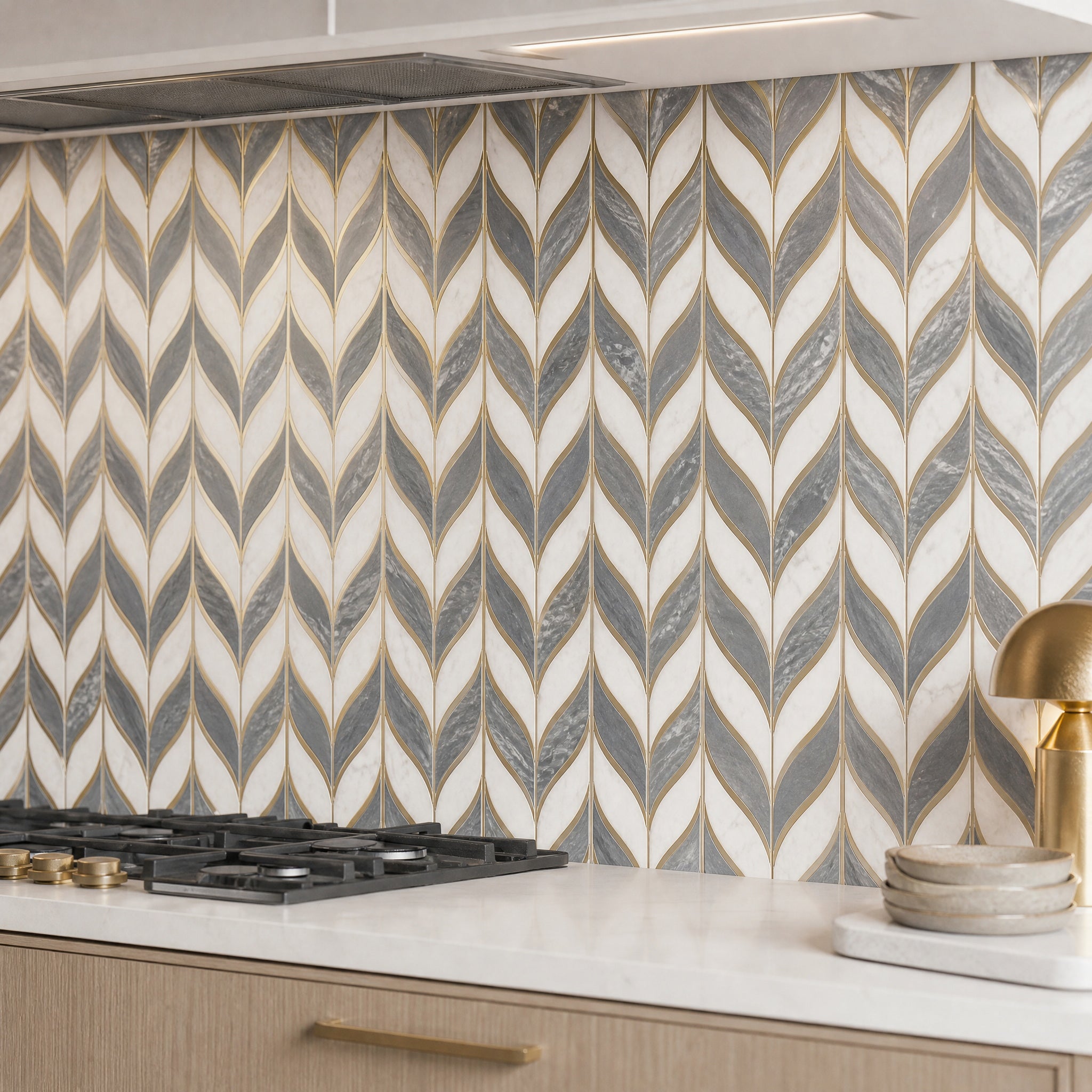 Bianco Carrara Bow Feathers Design Waterjet Marble Mosaic mosaic tile detail in an elegant interior