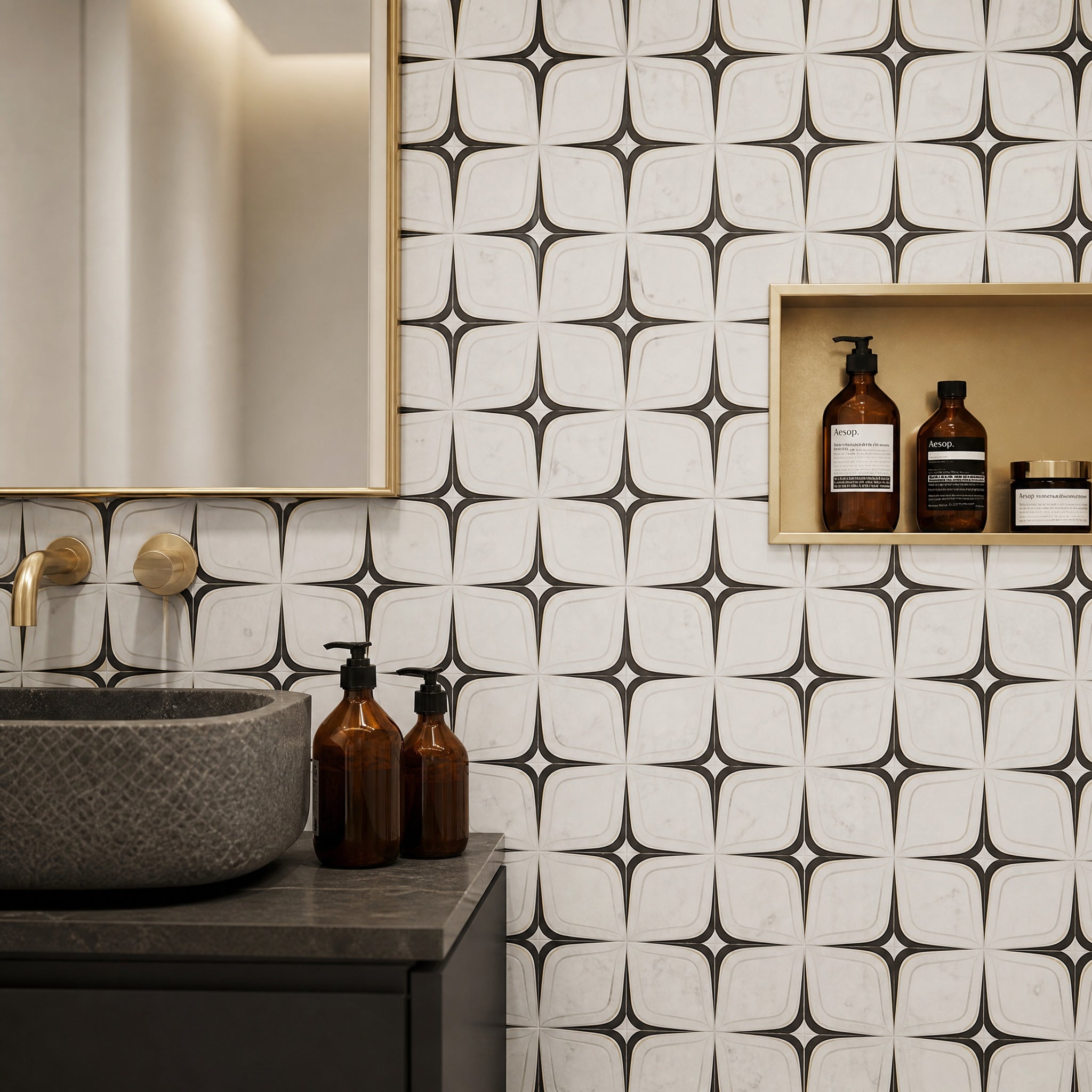 Bianco Carrara Nero Marquina Metal Rhombic Design Waterjet Marble Mosaic mosaic tile detail in an elegant interior