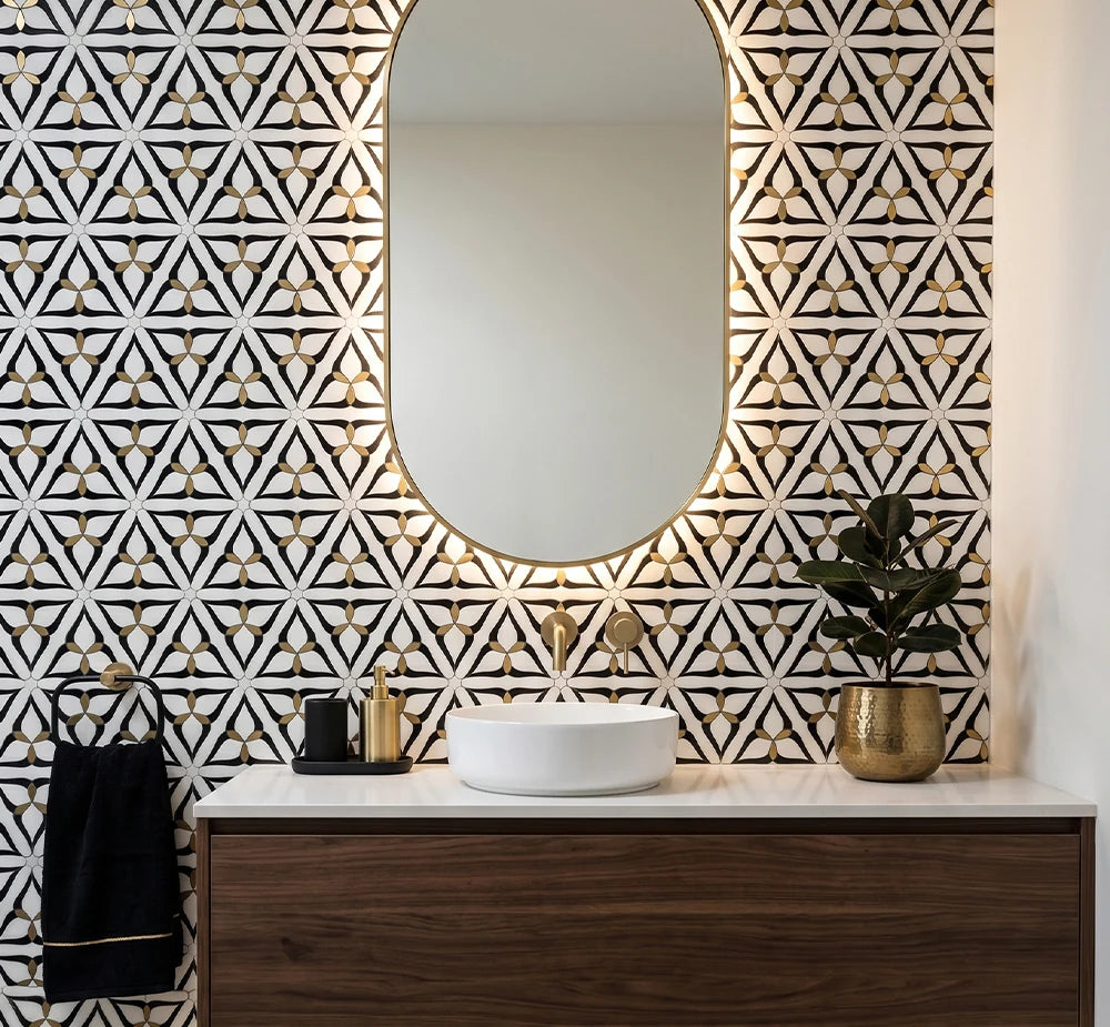 Bianco Carrara Nero Marquina Metal Snowflake Design Waterjet Marble Mosaic luxury black, white waterjet marble mosaic for premium UK interiors
