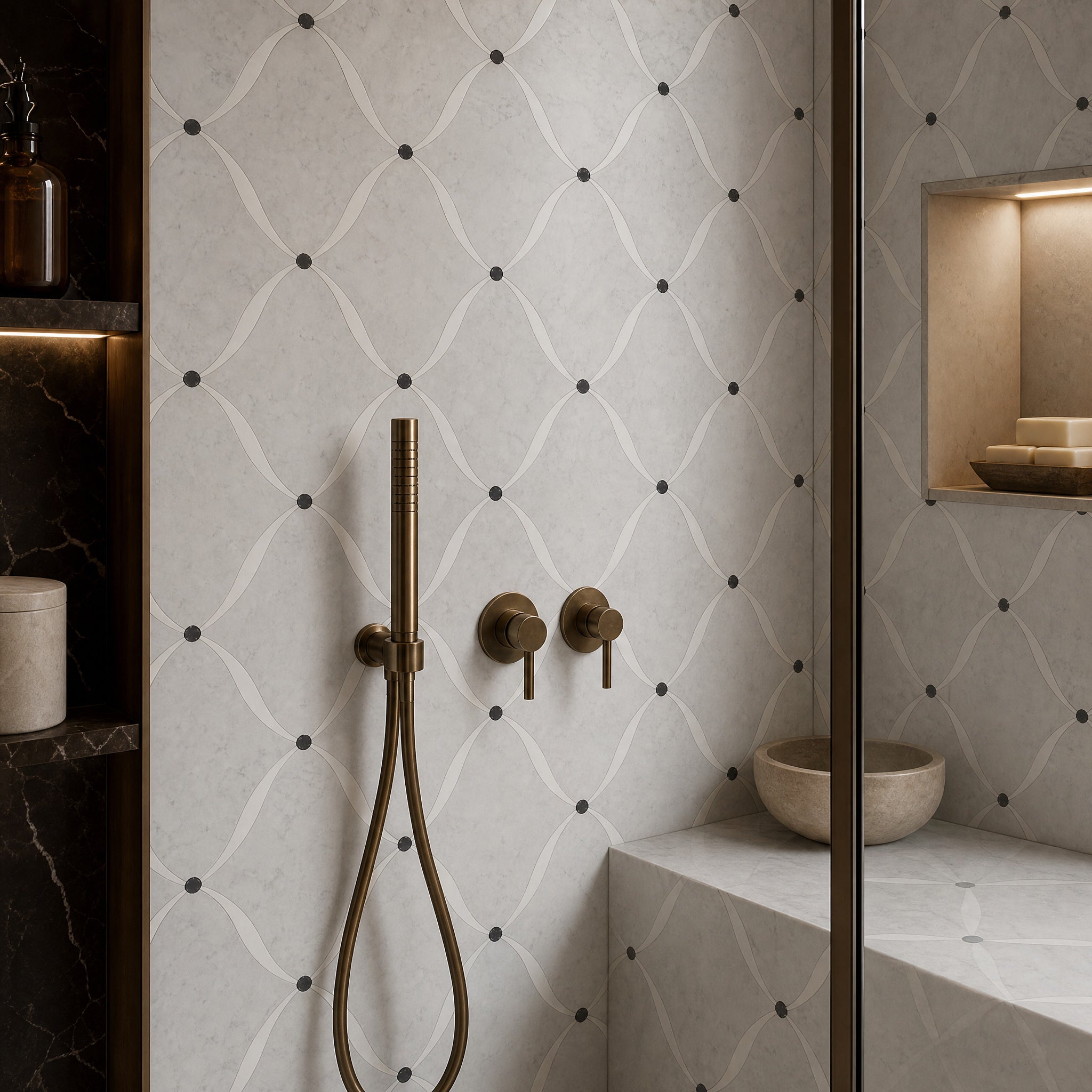 Bianco Carrara Sivec Water Drop Shape Waterjet Marble Mosaic Tile pattern close-up by VORELLI®