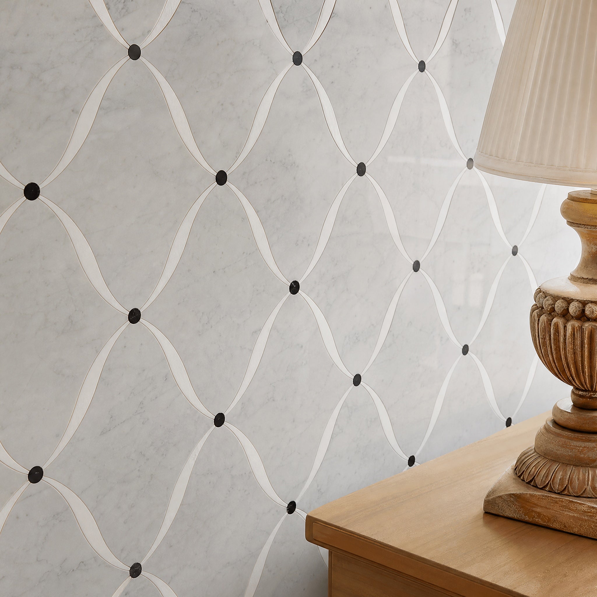 Bianco Carrara Sivec Water Drop Shape Waterjet Marble Mosaic Tile natural stone surface by VORELLI®