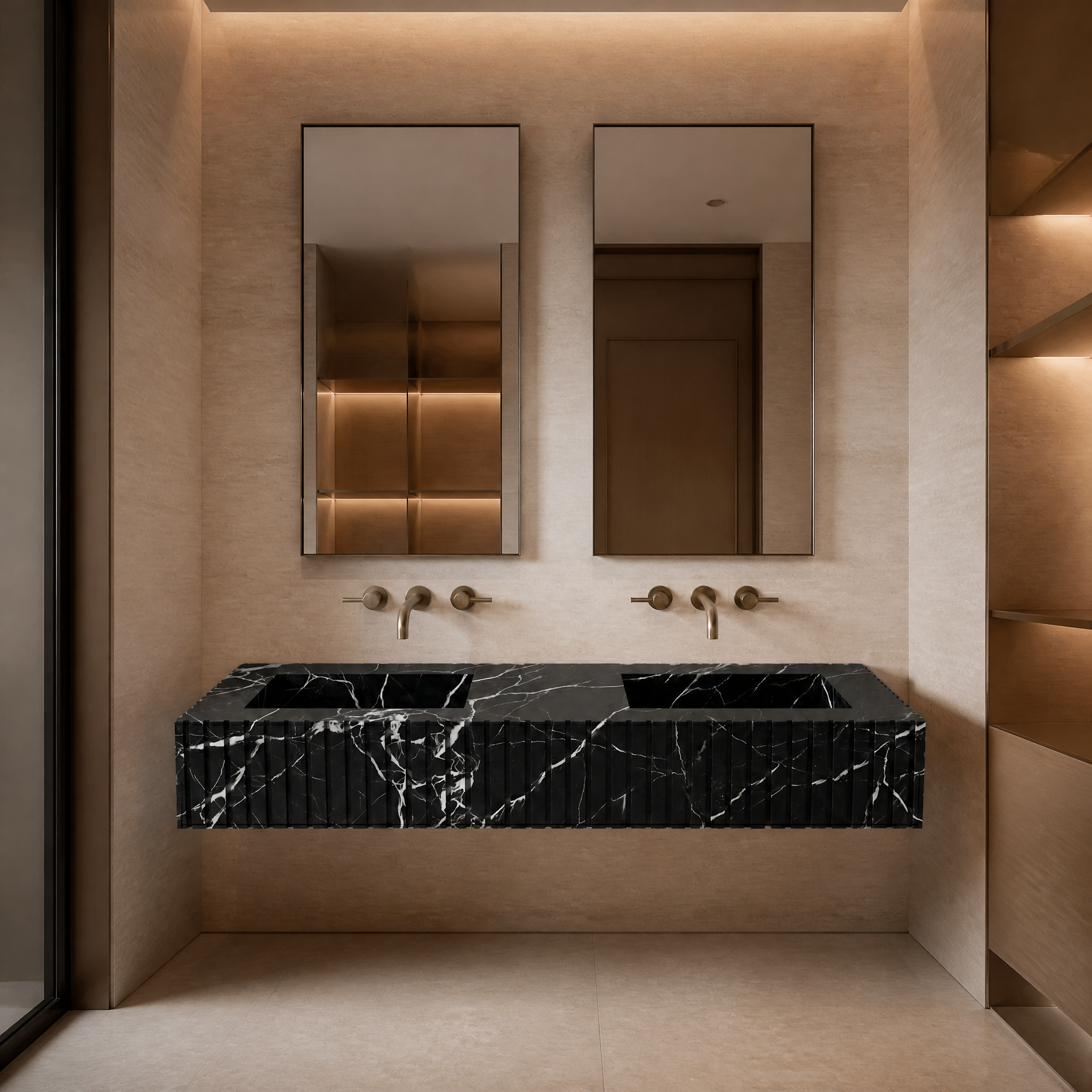 Black Marquina Marble Double Sink - Fluted palace hotel spa lifestyle image by VORELLI