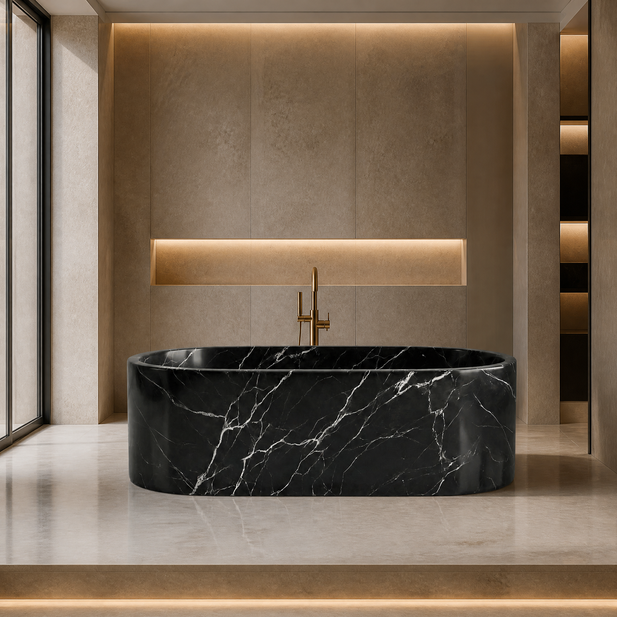 Black Marquina Marble Freestanding Bathtub - Elliptical palace hotel spa lifestyle image by VORELLI