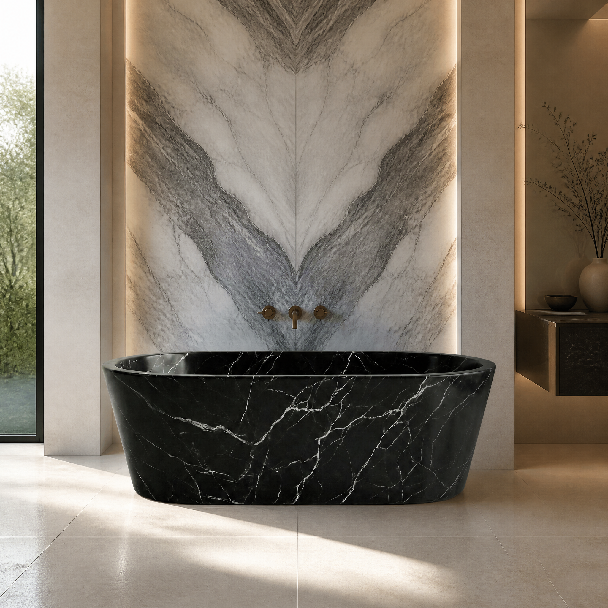 Black Marquina Marble Freestanding Bathtub - Tapered private residence lifestyle image by VORELLI