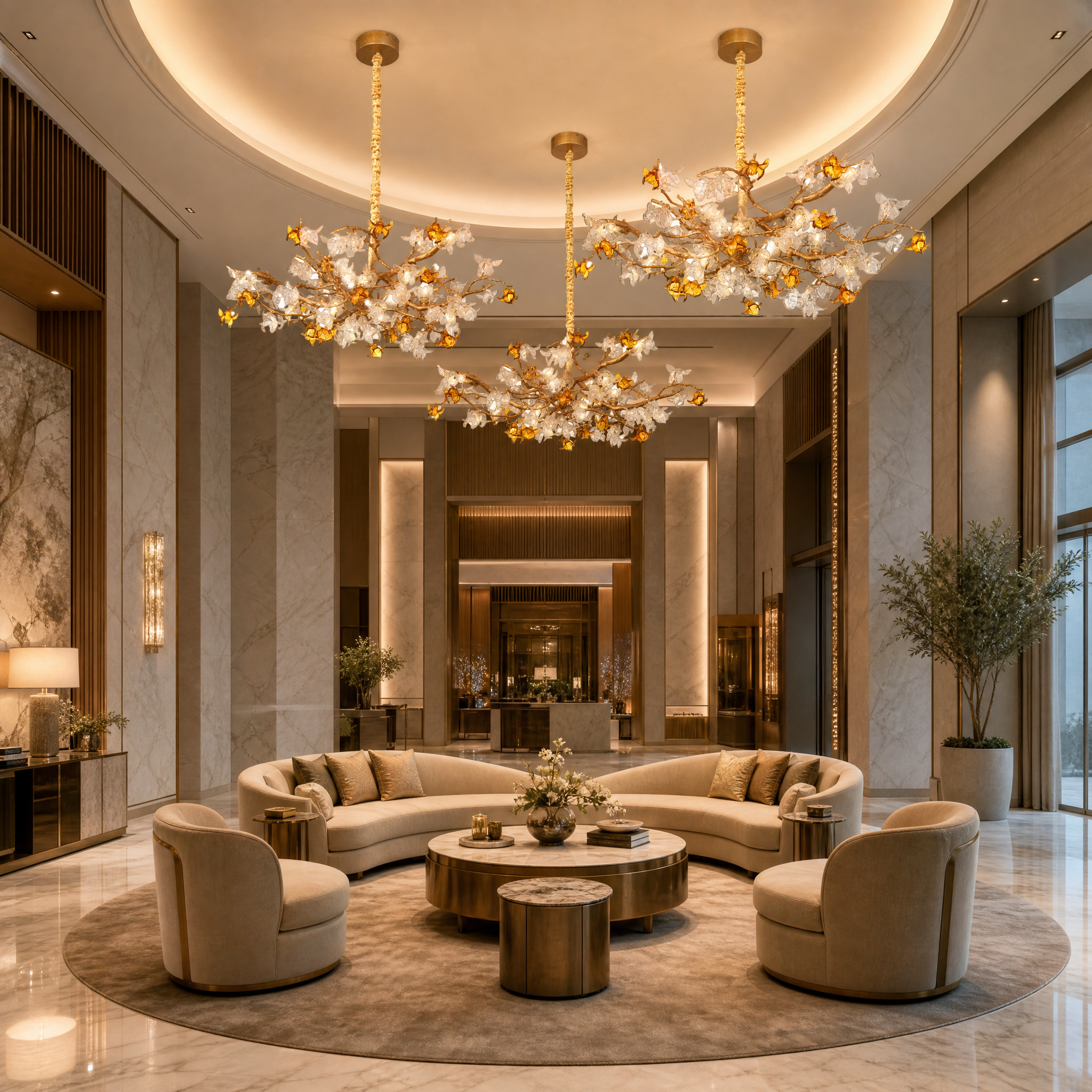 Sophisticated hospitality lounge illuminated by the elegant branching form of the VORELLI Bloom Pendant Light.