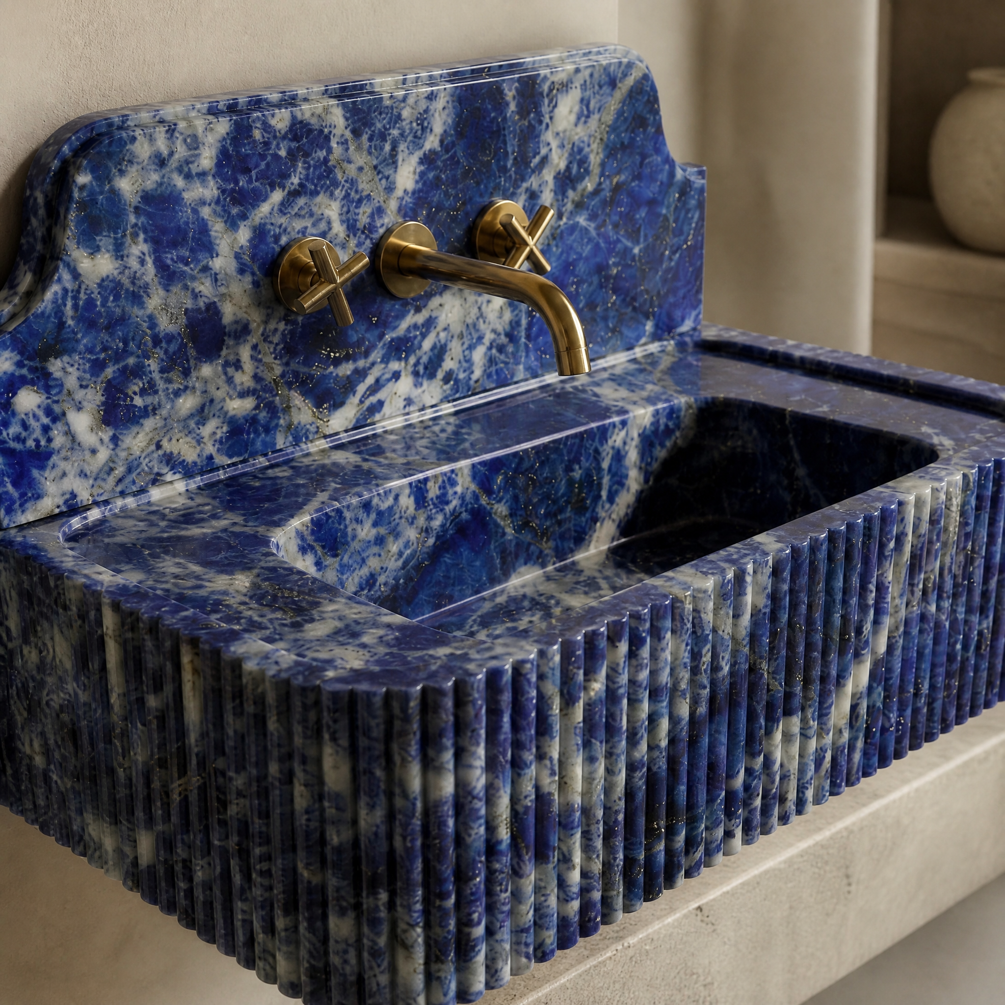 Blue Sodalite Backsplash Sink - Fluted stone craftsmanship detail image by VORELLI
