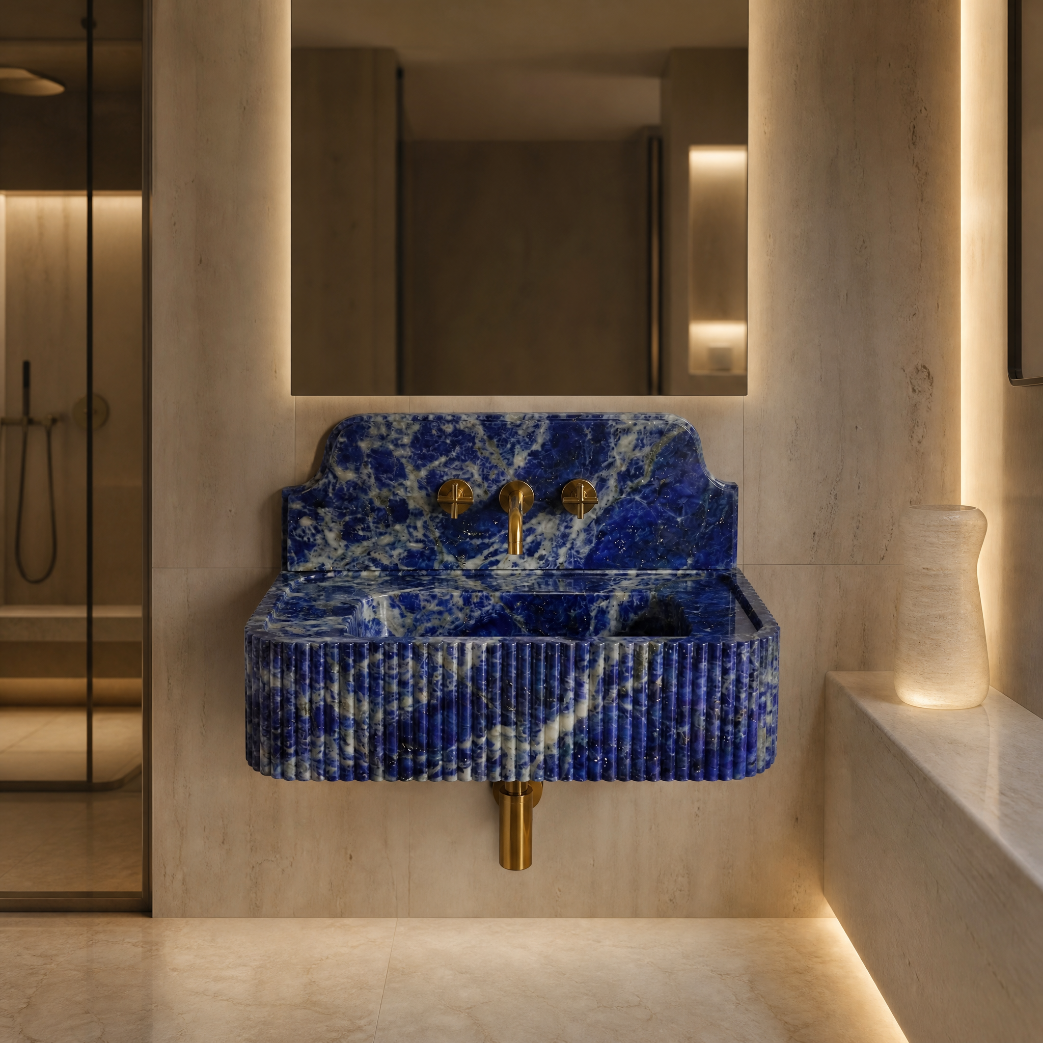 Blue Sodalite Backsplash Sink - Fluted palace hotel spa lifestyle image by VORELLI