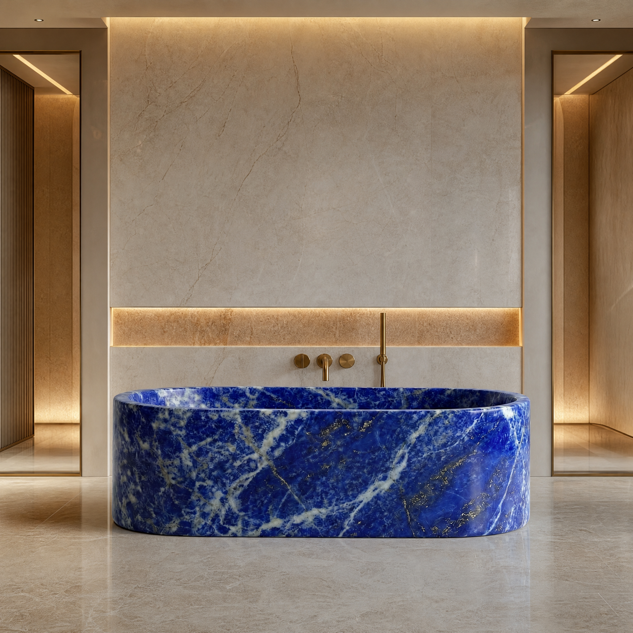 Blue Sodalite Marble Freestanding Bathtub - Elliptical palace hotel spa lifestyle image by VORELLI